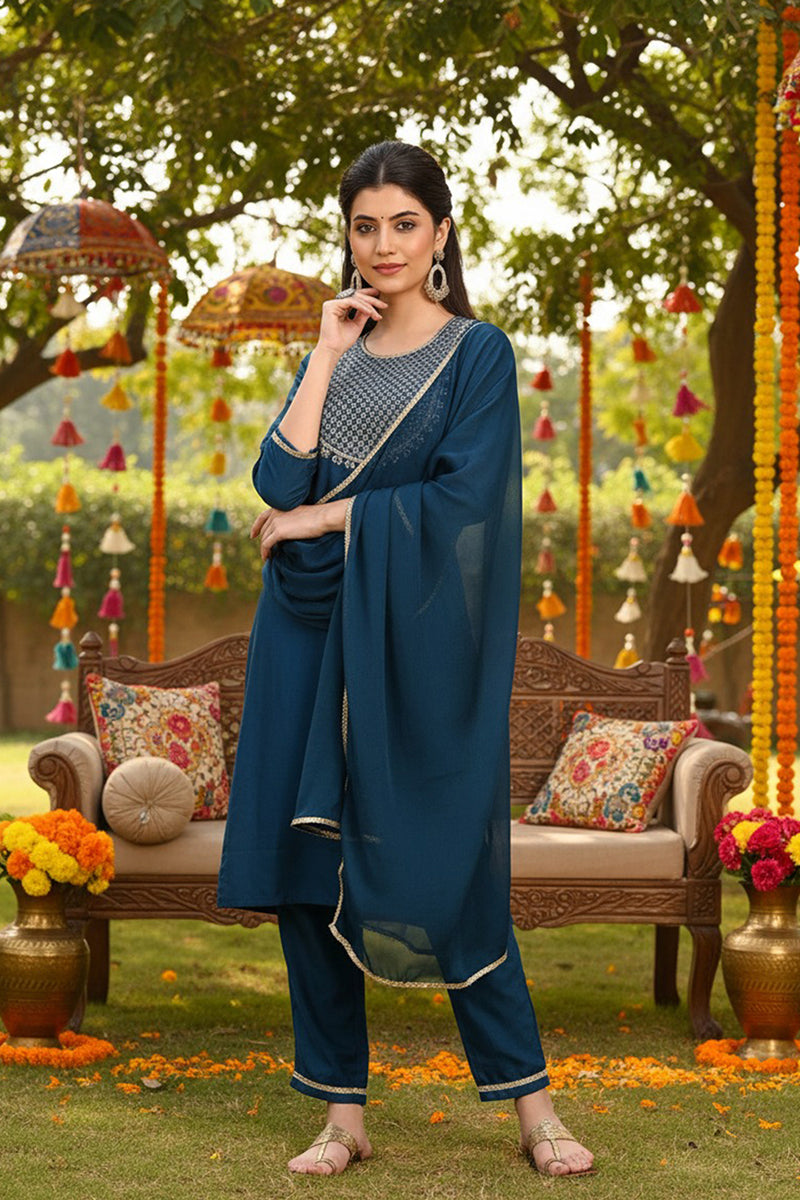 Silk Blend Teal Embroidered Straight Kurta Pant With Dupatta | SHOBITAM