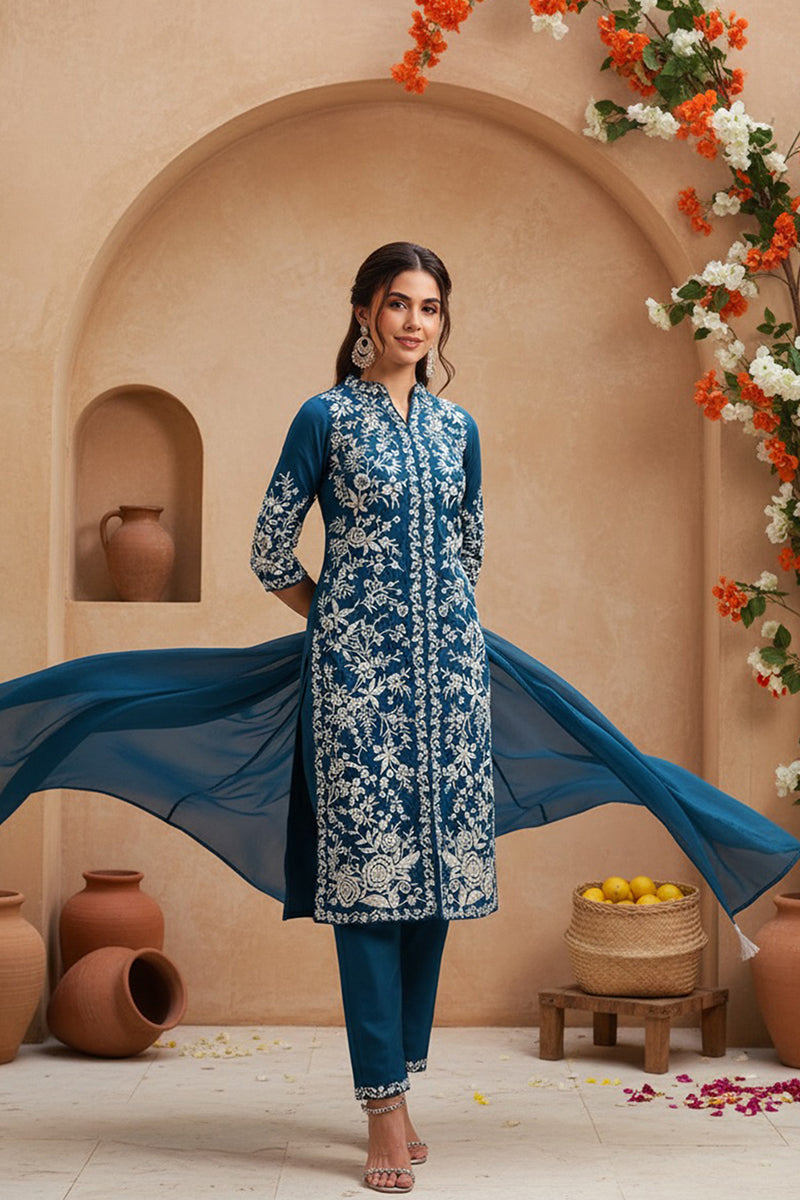 Teal Blue Silk Blend Solid Embroidered Straight Suit Set | SHOBITAM