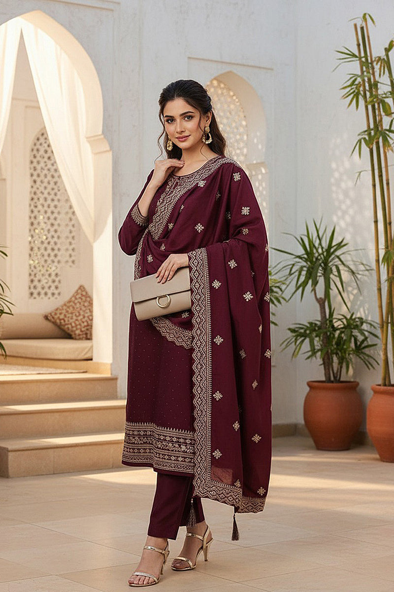 Burgundy Silk Blend Solid Straight Kurta Trousers With Dupatta | SHOBITAM