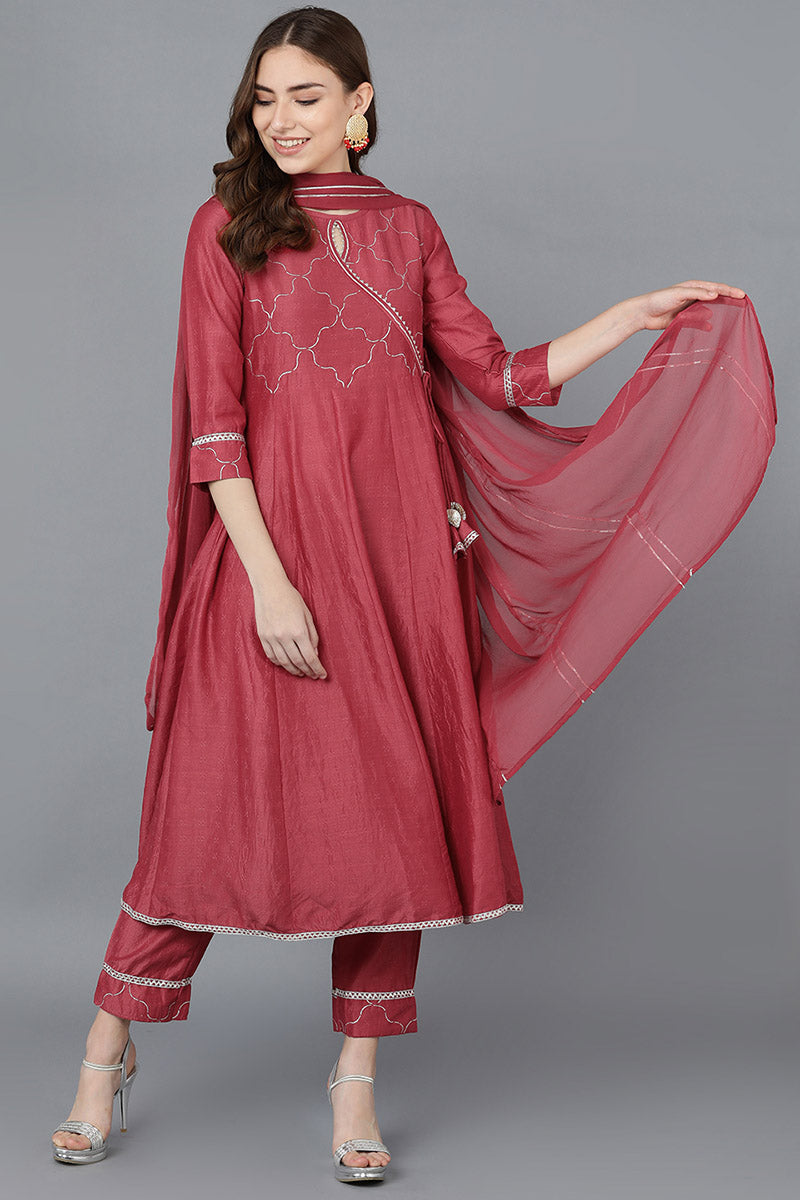 Women Red Poly Silk Embroidered Kurta Trousers With Dupatta | SHOBITAM