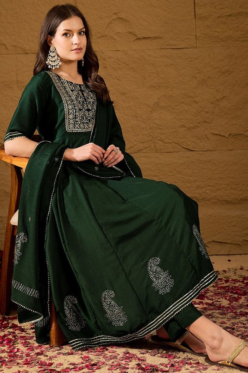 Green Silk Blend Embroidered Anarkali Suit Set | SHOBITAM