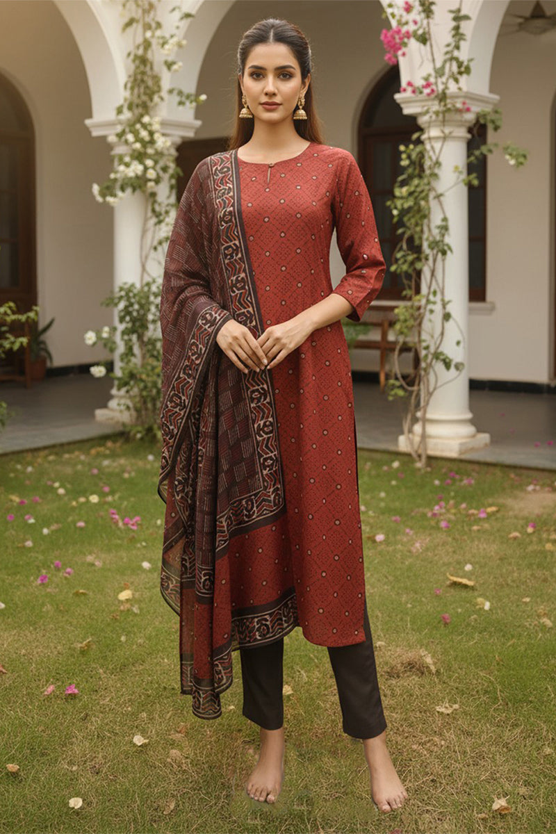 Red Cotton Blend Geometric Printed Straight Kurta Trousers With Dupatta | SHOBITAM