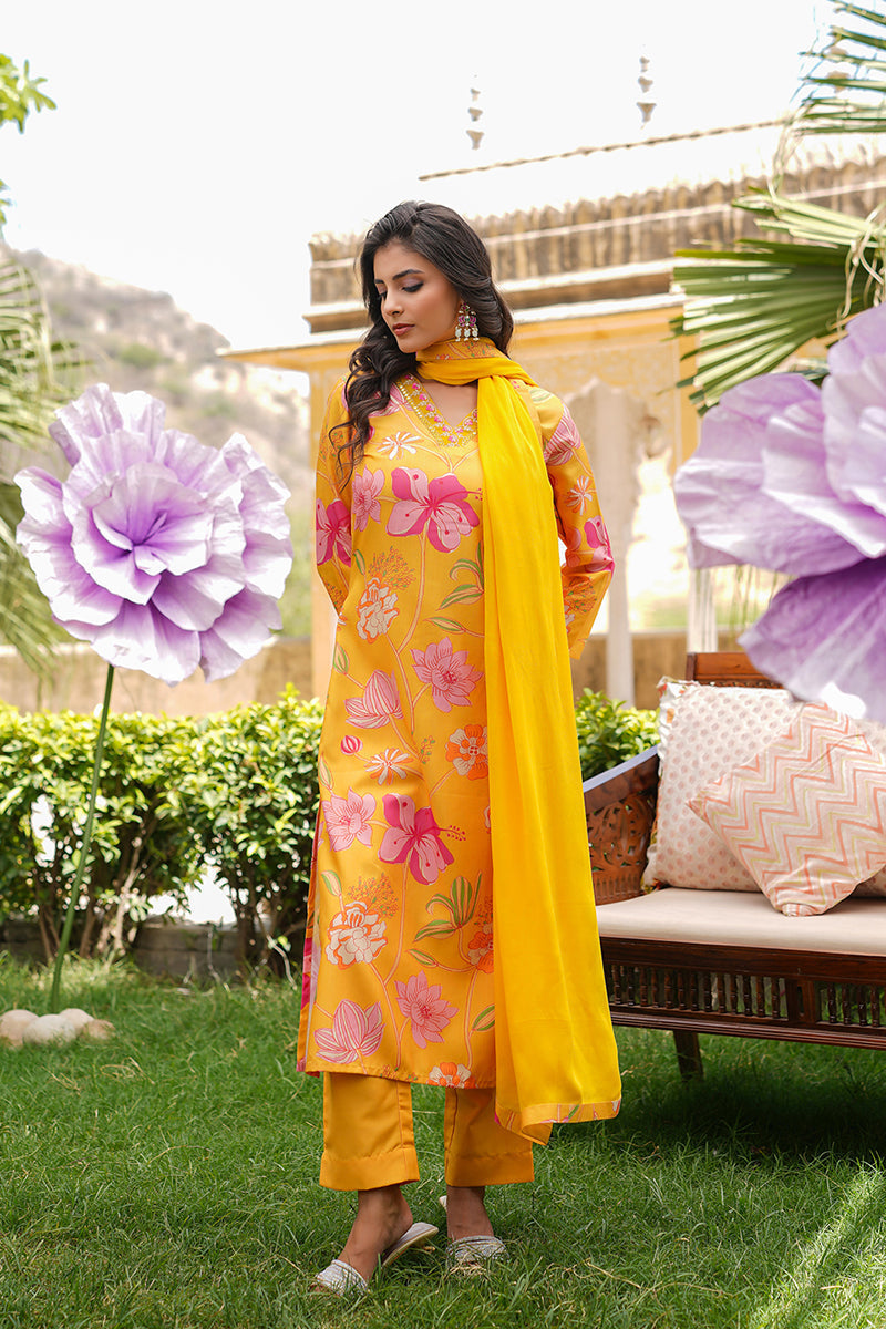 Yellow Silk Blend Floral Printed Straight Kurta Trousers With Dupatta | SHOBITAM
