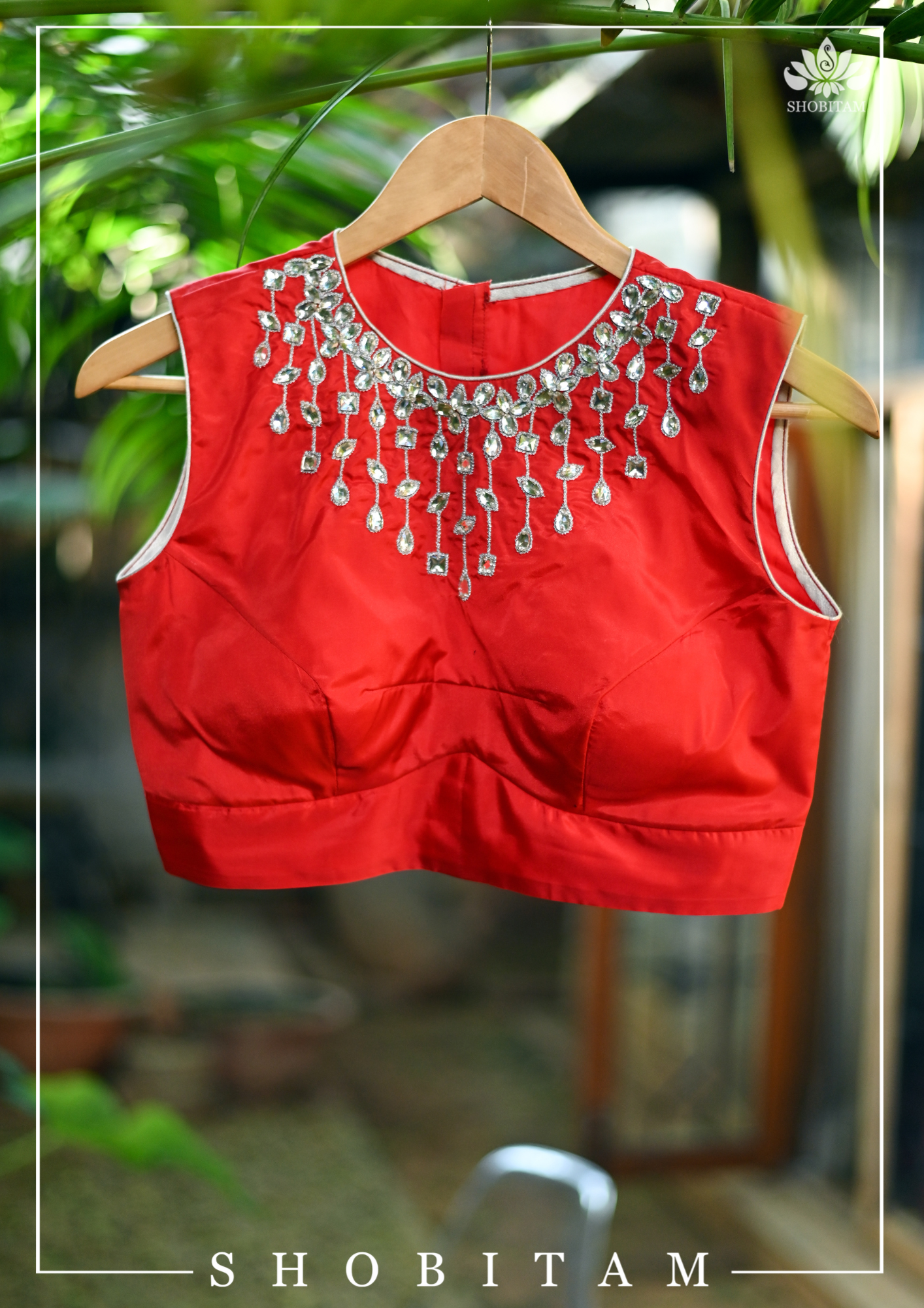 Made to Measure: Necklace Design White Rhinestone Blouse on Red Silk, Customization Possible | Shobitam