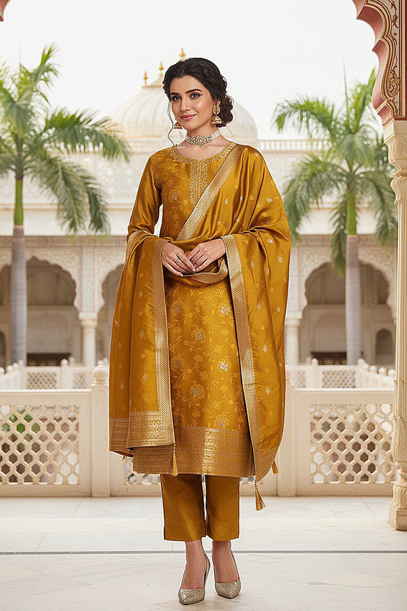 Mustard Yellow Silk Blend Ethnic Motifs Woven Design Straight Suit Set | SHOBITAM