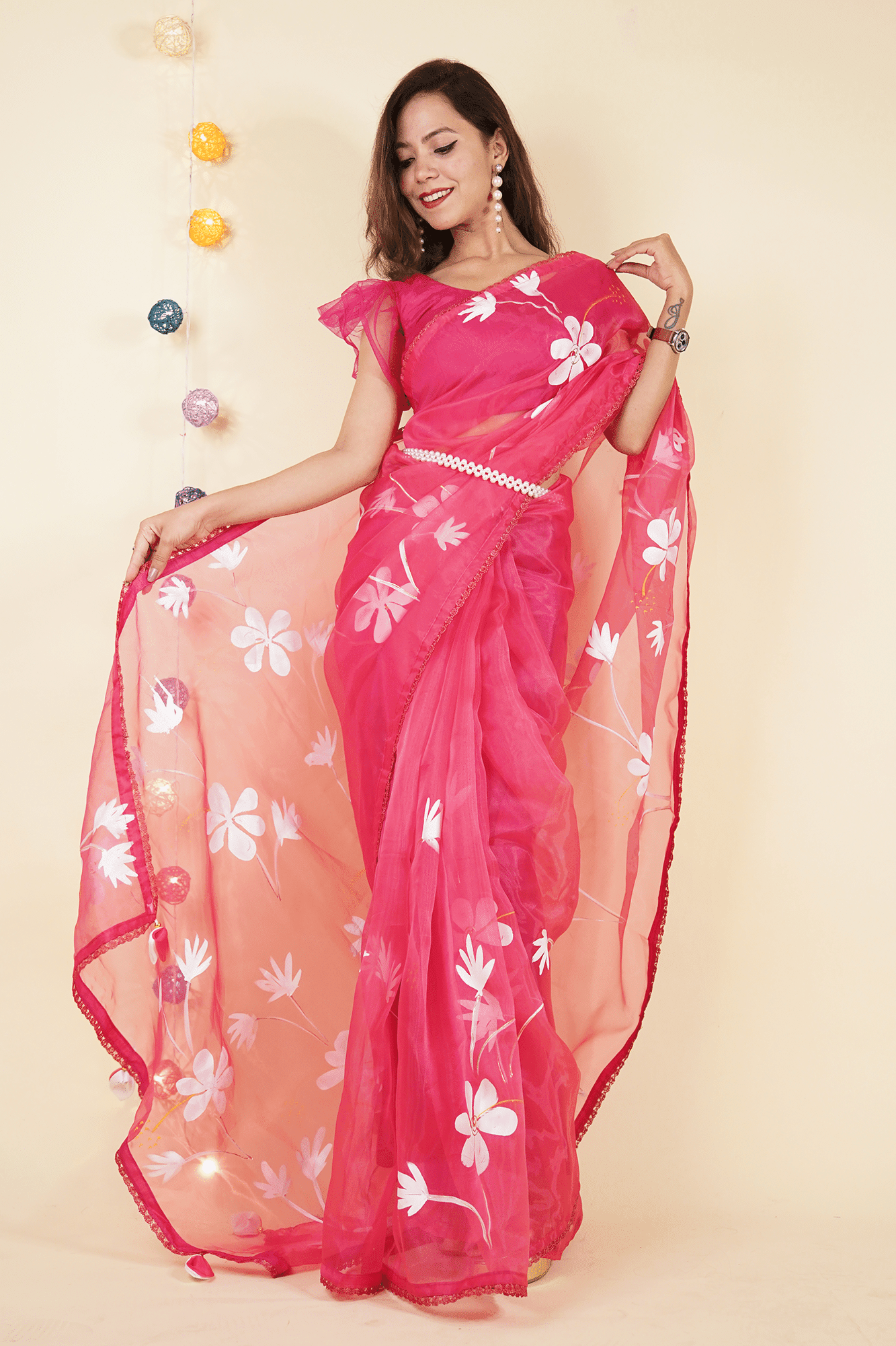 Ready to Wear Soft Pink Silk Organza With Lace Border & Phumkas On Pallu Wrap in 1 minute saree With Readymade Blouse - Isadora Life Online Shopping Store