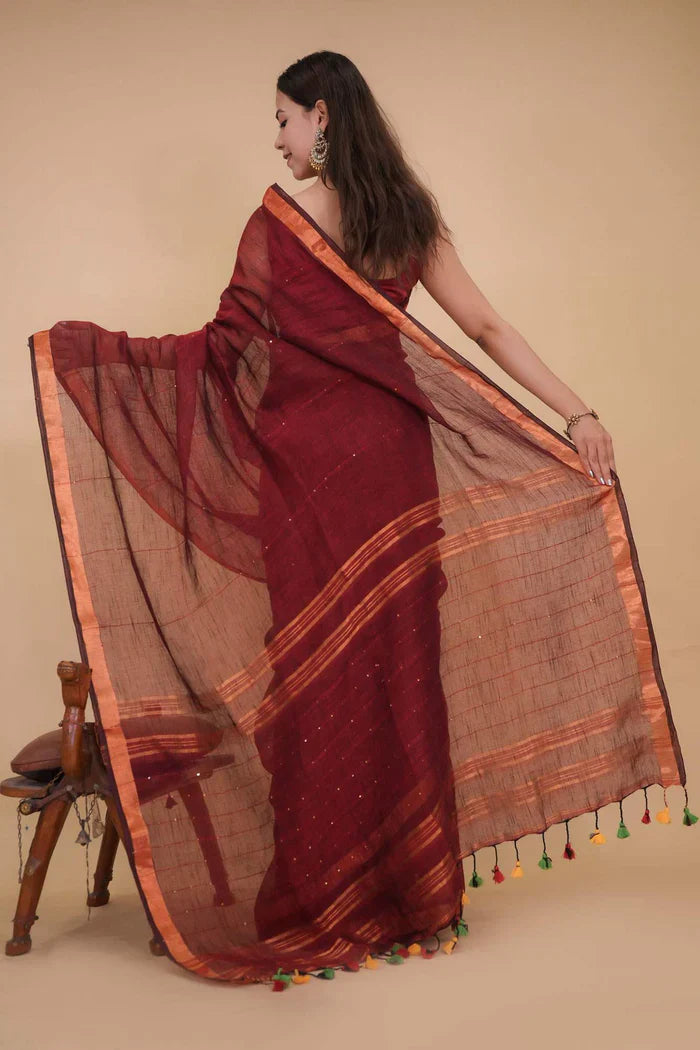 Maroon Handloom Cotton Linen Interwoven Sequins with Tassels In Pallu Ready To Wear Saree