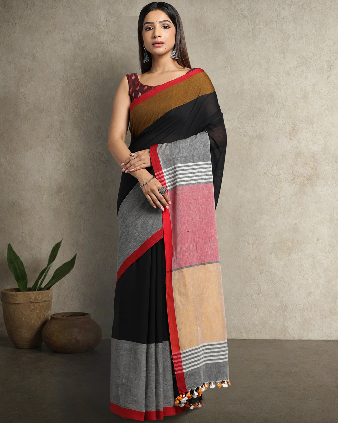 Handloom Colour block Cotton Saree with pompoms | Shobitam