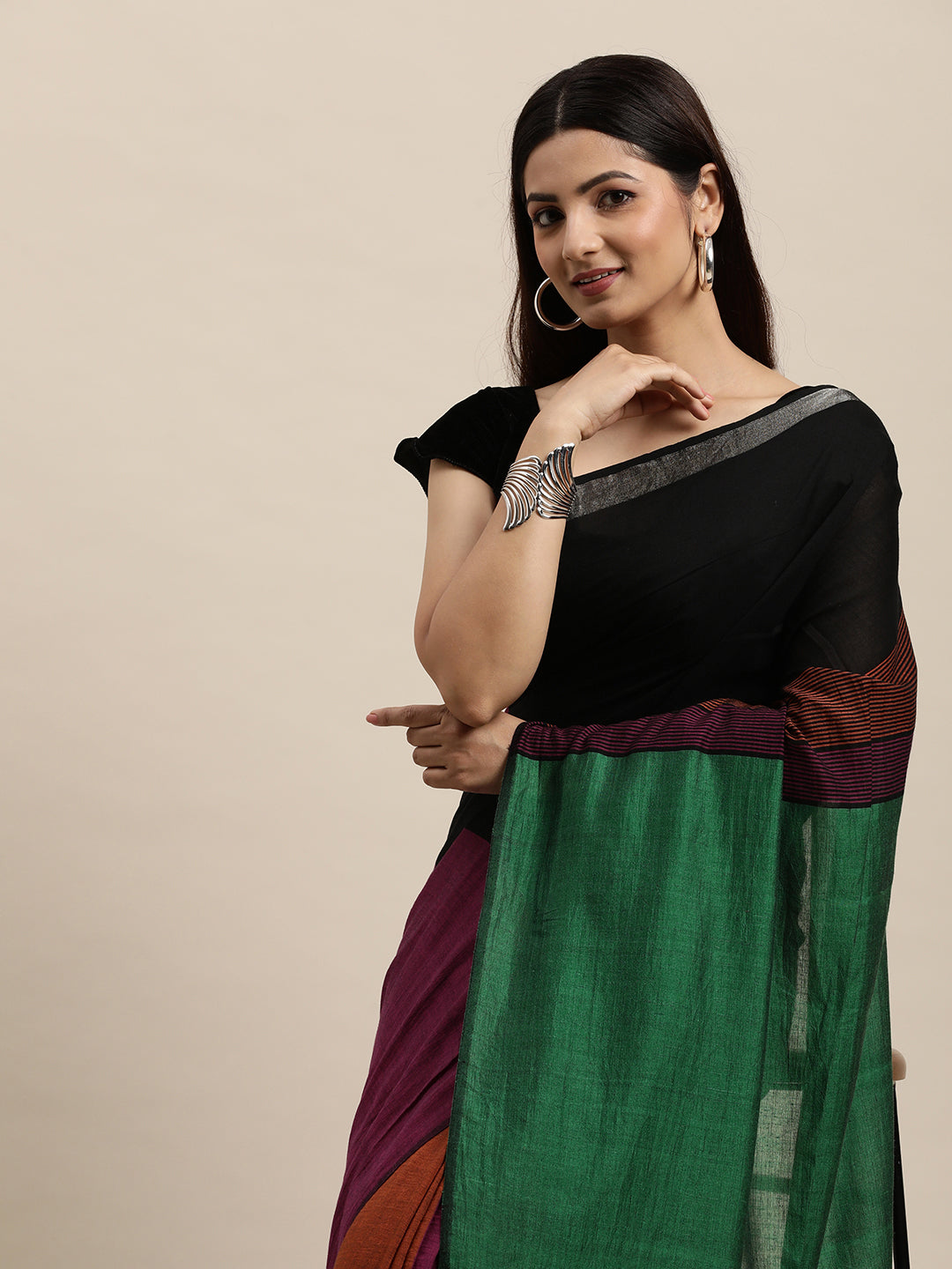 Colour block Cotton Saree with pompoms | Shobitam