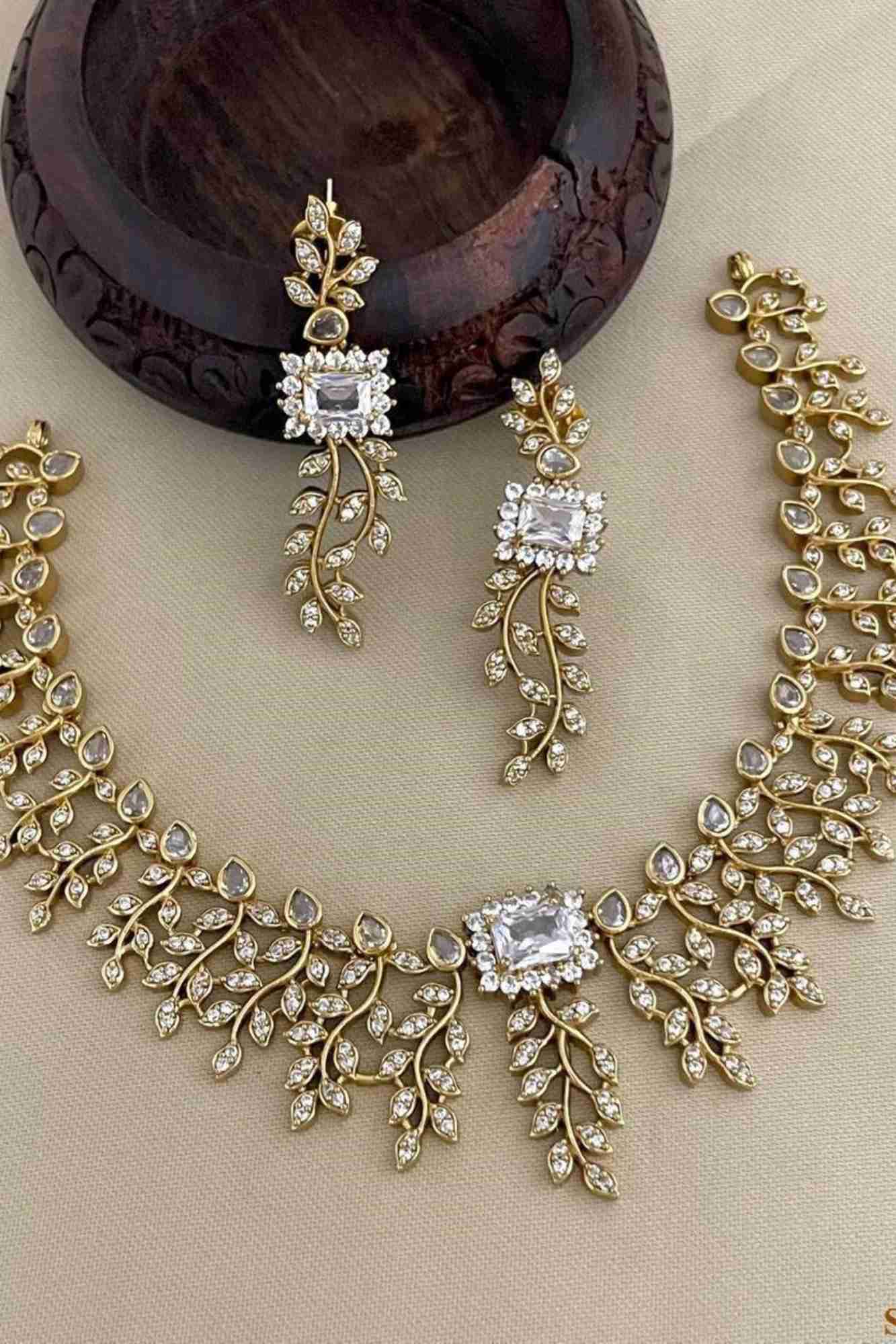 Floral Vine Gold-Toned Necklace Set with Crystal Accents With Matching Earring