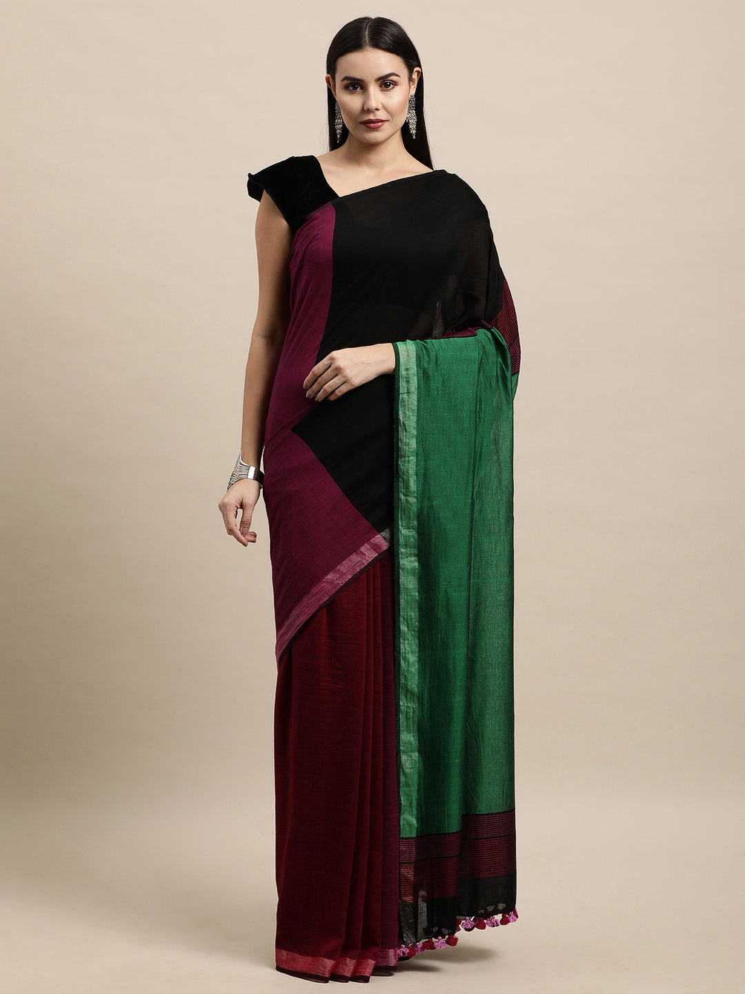 Colour block Cotton Saree with pompoms | Shobitam