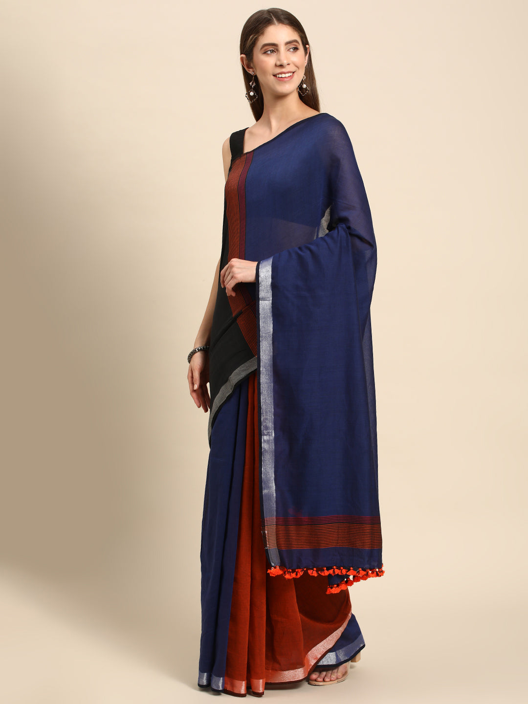 Colour block Cotton Saree with pompoms | Shobitam
