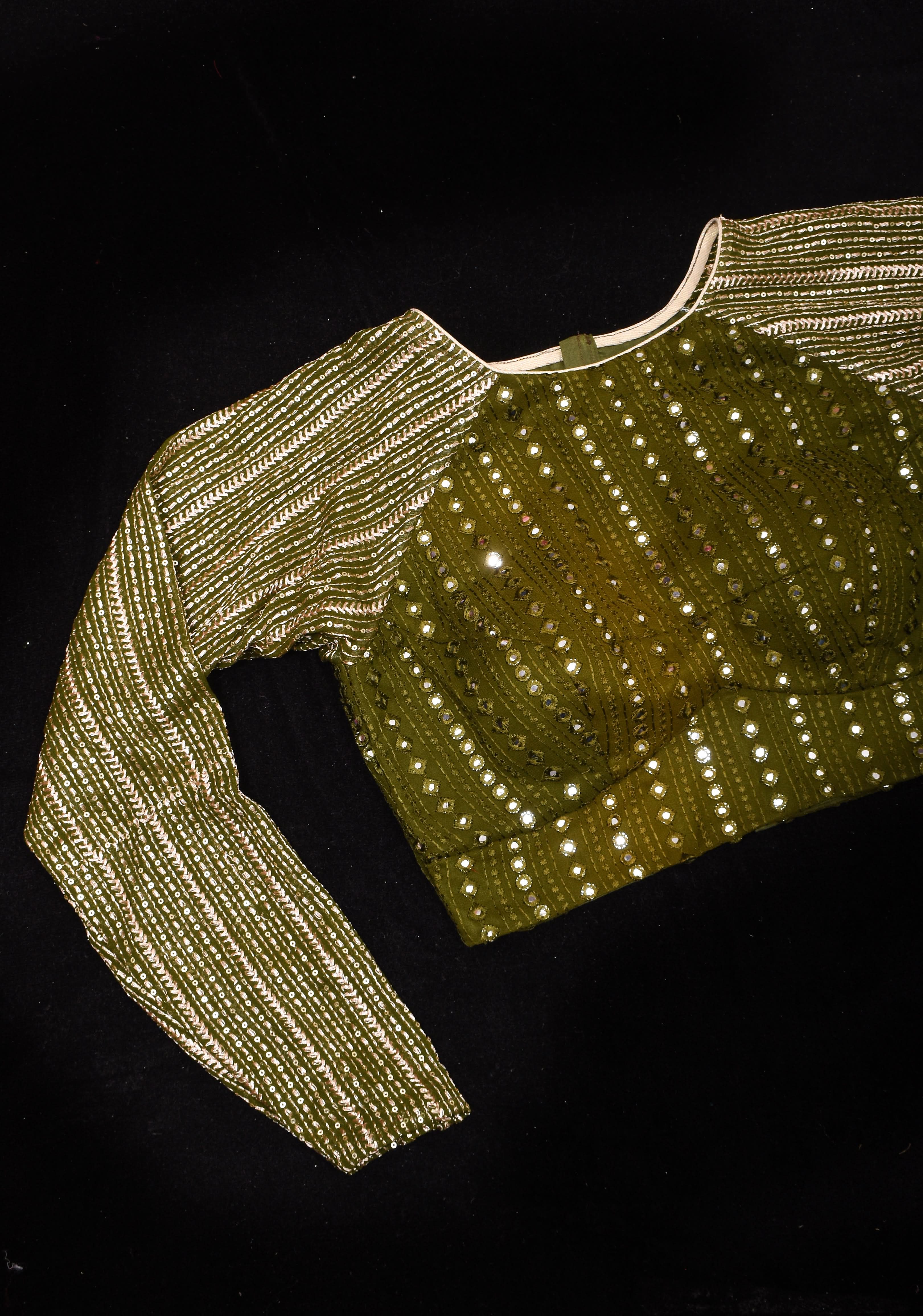 Henna Green chinon raglan three quarter sleeve foil mirror work blouse, Made to Order | Shobitam