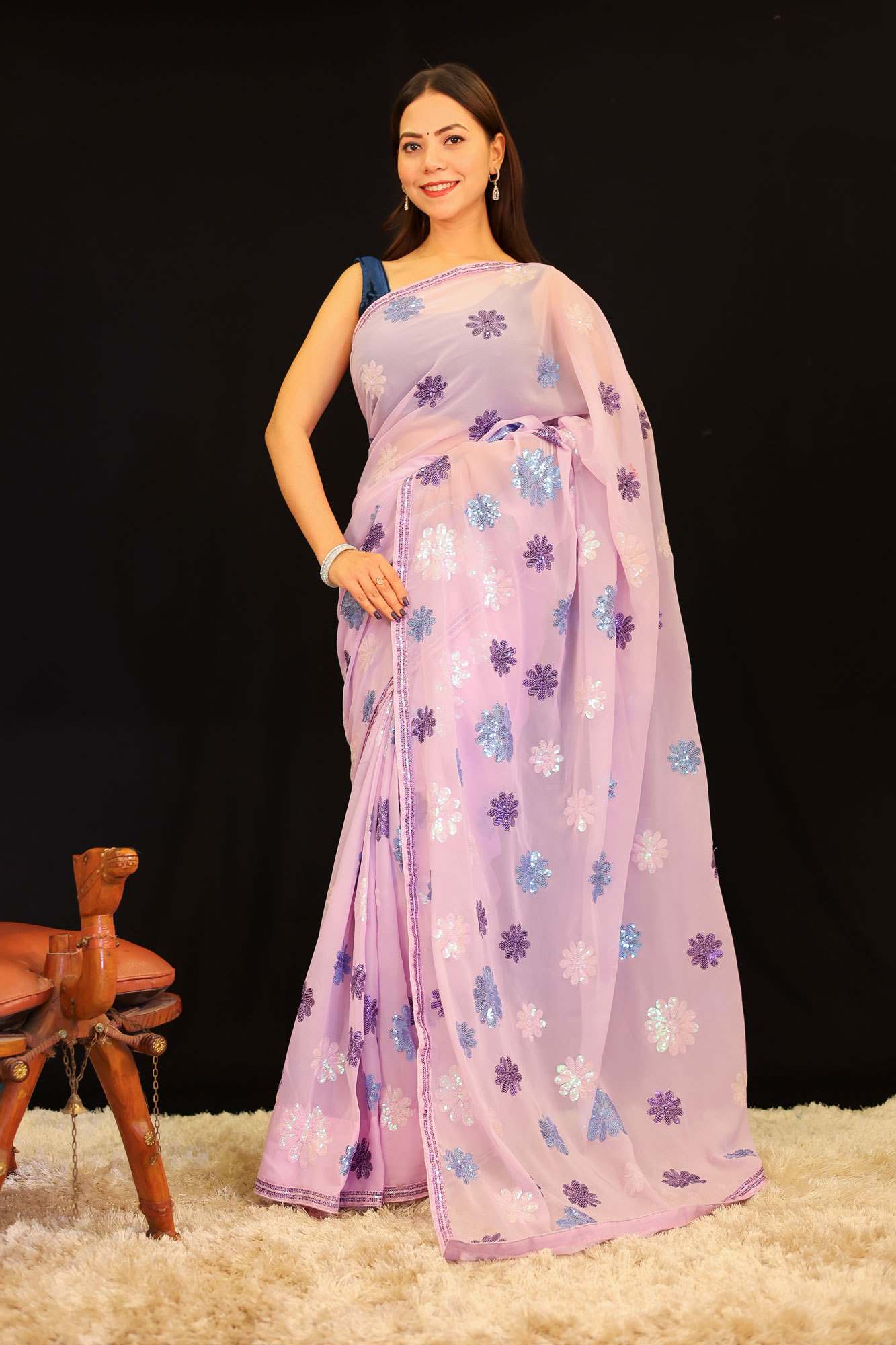 Lavender Toned Georgette With Sequin Interwoven Motif & Lace border 1 Minute Saree