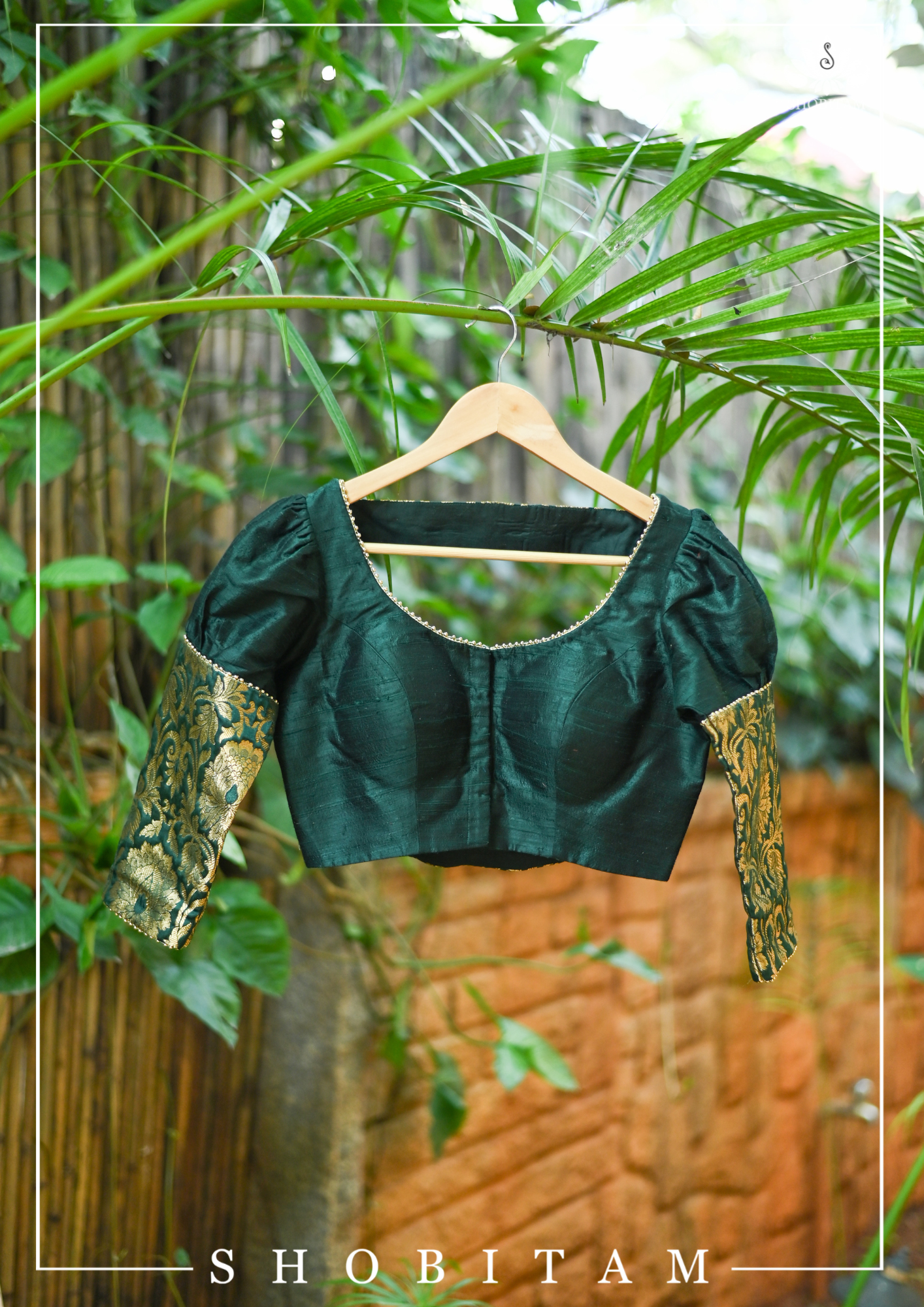 Sacramento Green Puff Sleeve Blouse with Banarasi Brocade Detailing | Shobitam