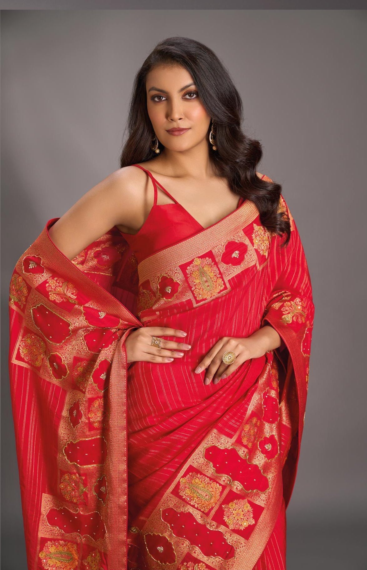 Bright Red Vegan Soft Silk Saree with Jharokha-Inspired Pattern Border | SHOBITAM