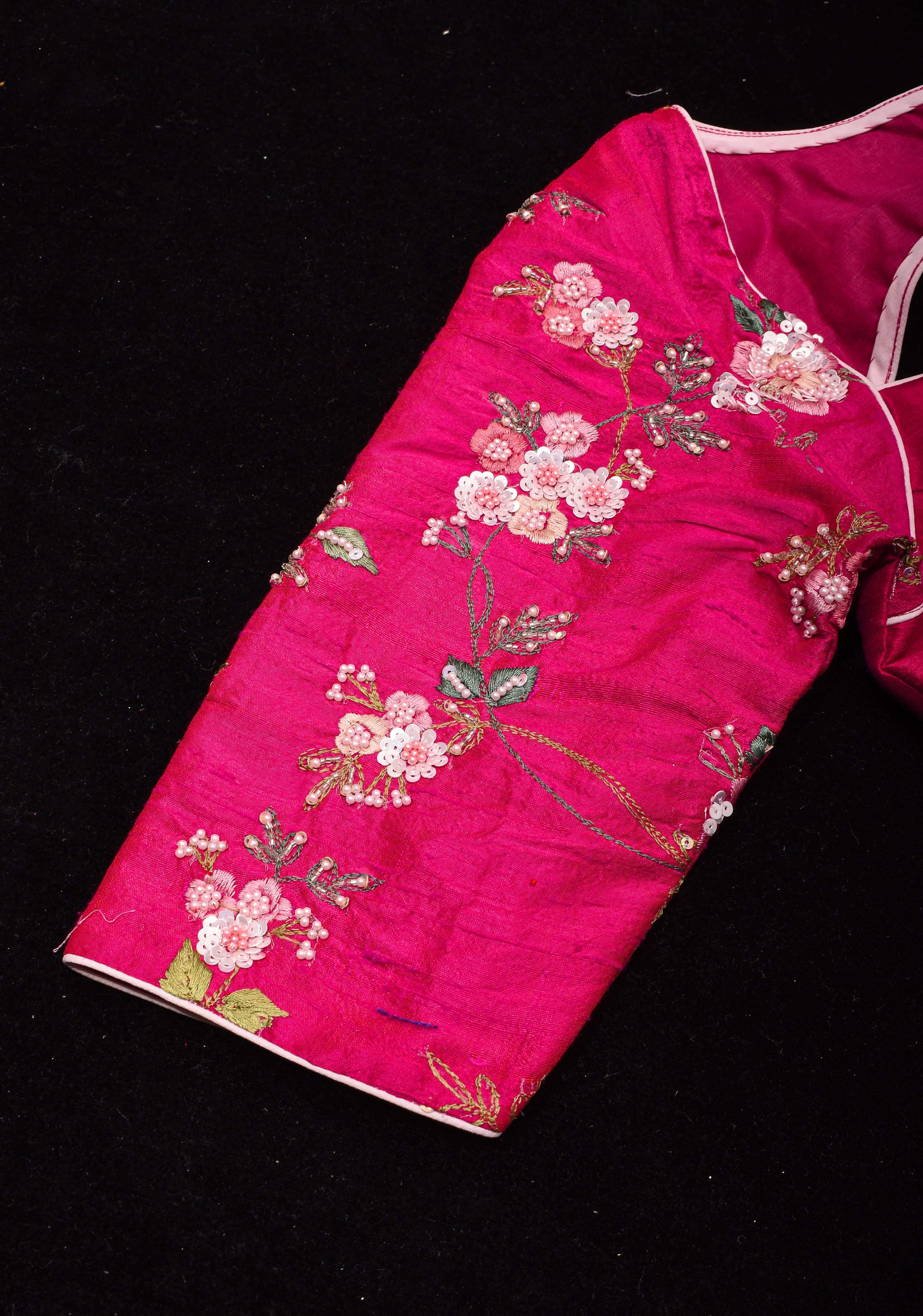 Pure Raw Silk blouse with Exquisite Moti and floral embroidery in Rani Pink, Made to Order | Shobitam