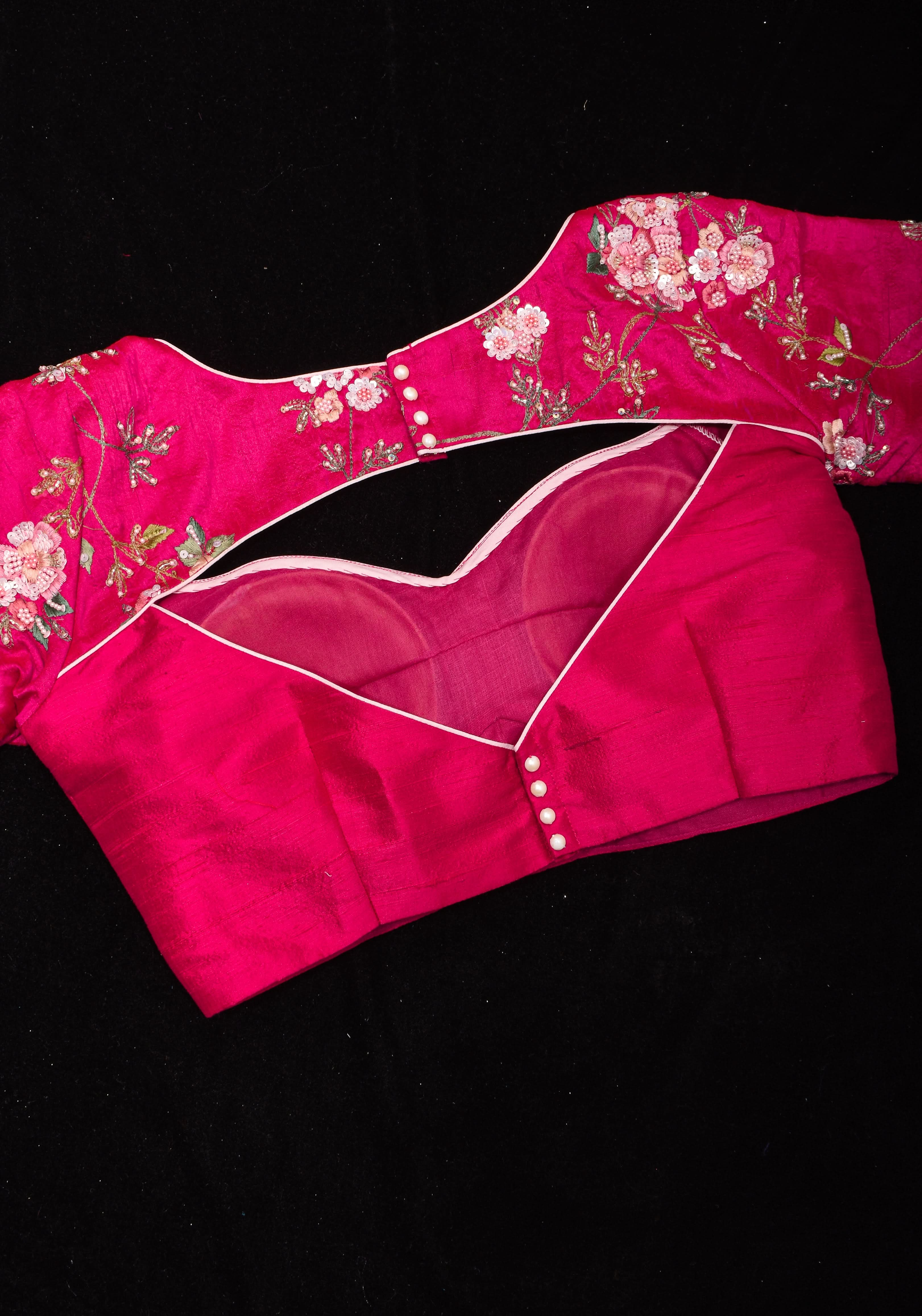 Pure Raw Silk blouse with Exquisite Moti and floral embroidery in Rani Pink, Made to Order | Shobitam