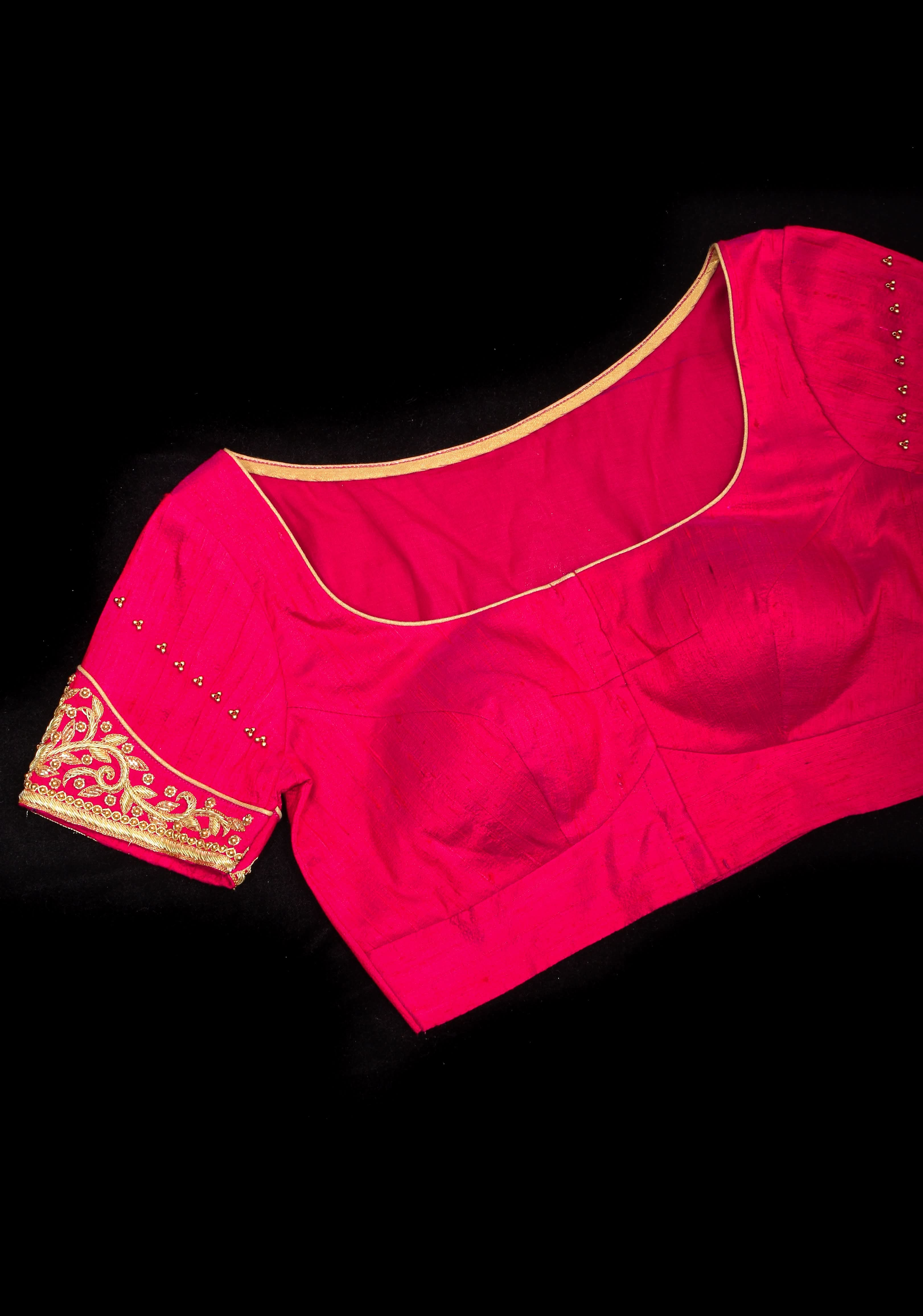 Rani Pink Pure Raw Silk Blouse with Pleated Puff Sleeves and Zardosi Detailing on sleeves and back | Shobitam