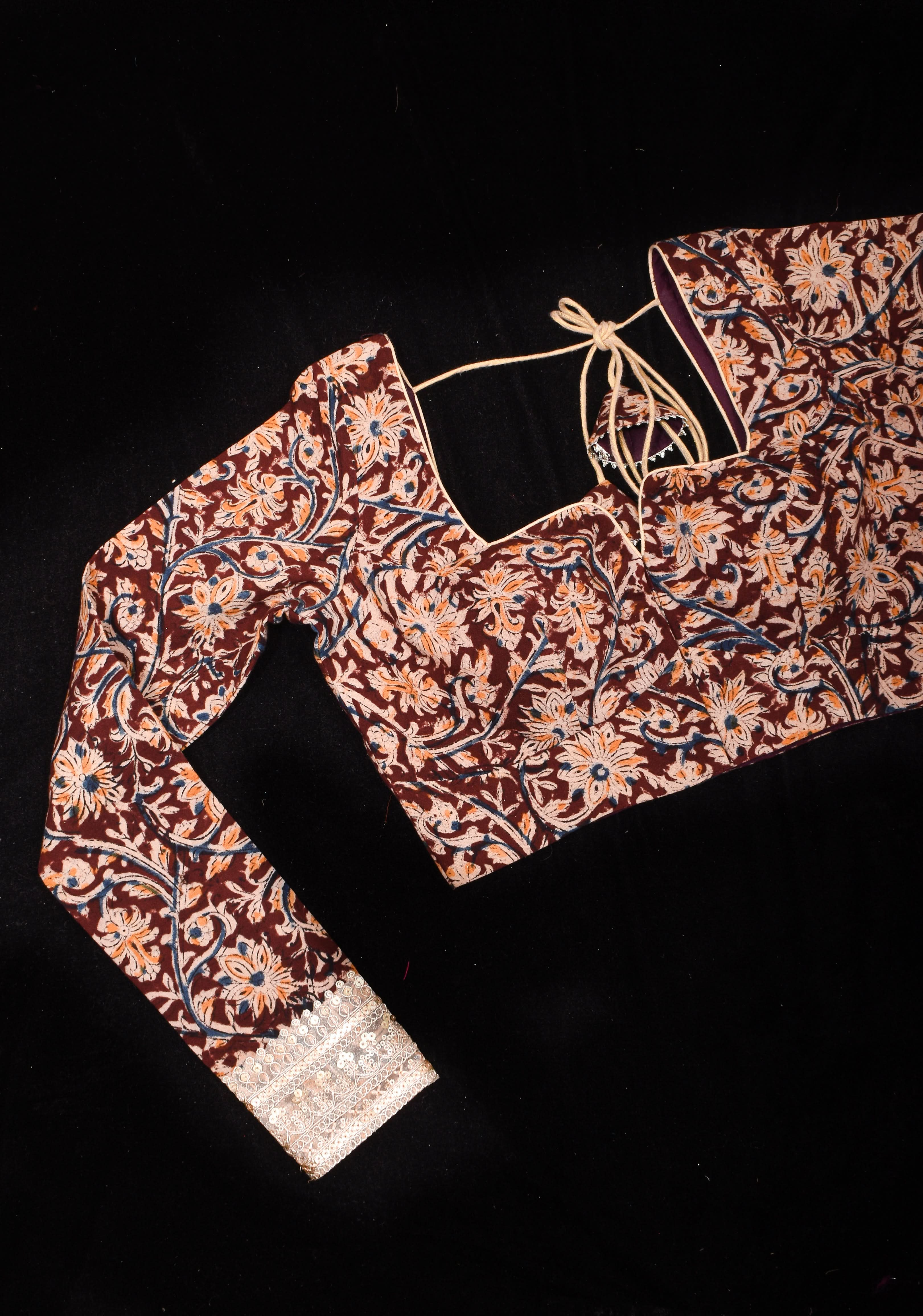 Kalamkari block print blouse with front slit design and full sleeves ,made to order | Shobitam
