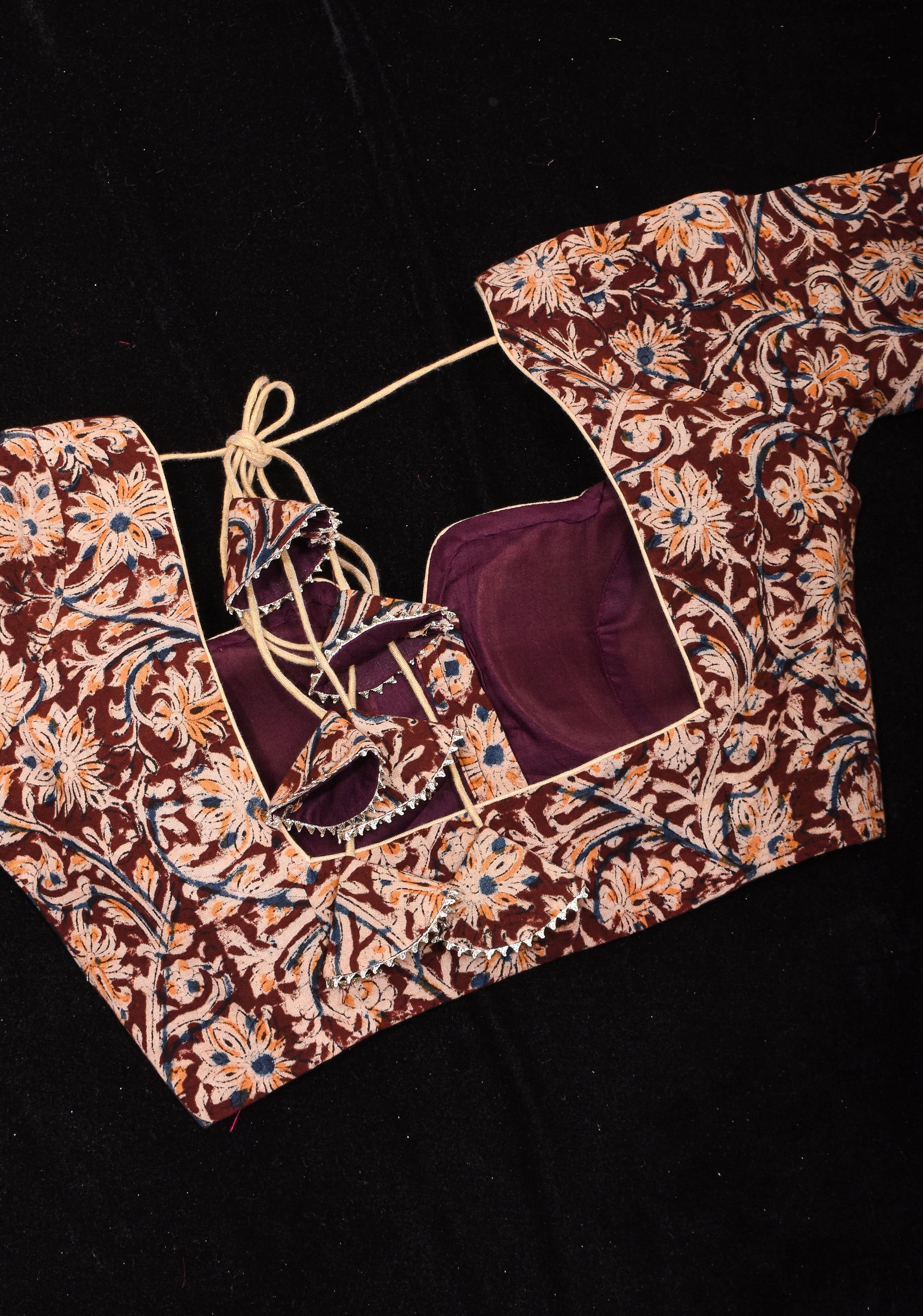 Kalamkari block print blouse with front slit design and full sleeves ,made to order | Shobitam