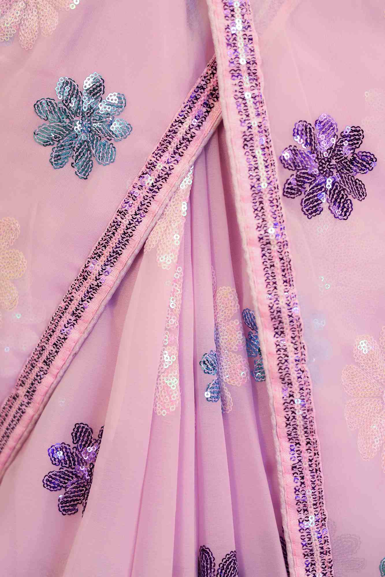 Lavender Toned Georgette With Sequin Interwoven Motif & Lace border 1 Minute Saree