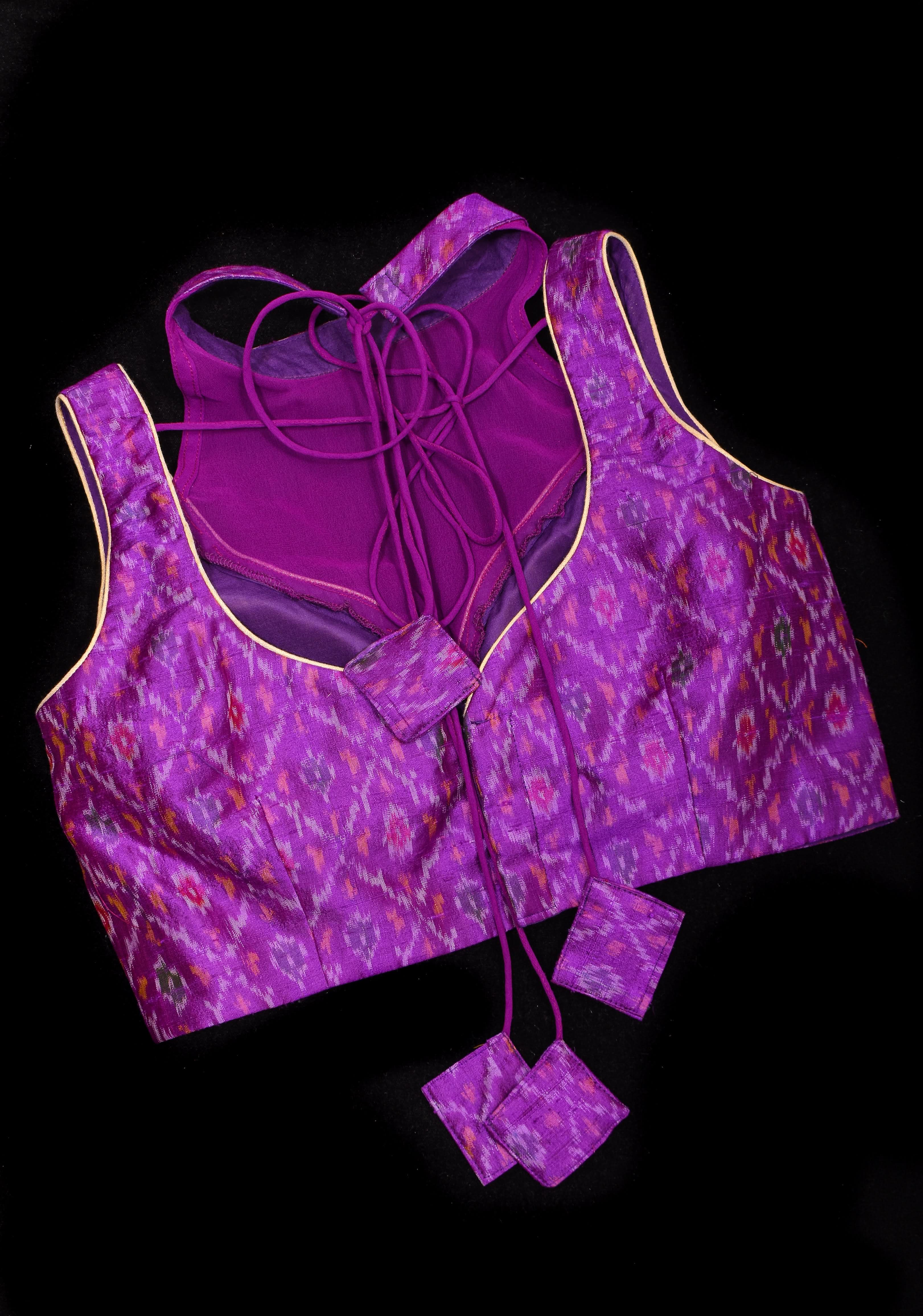 Purple Ikkat Pure Raw Silk Blouse with sheer yoke and Ikkat collar | Shobitam