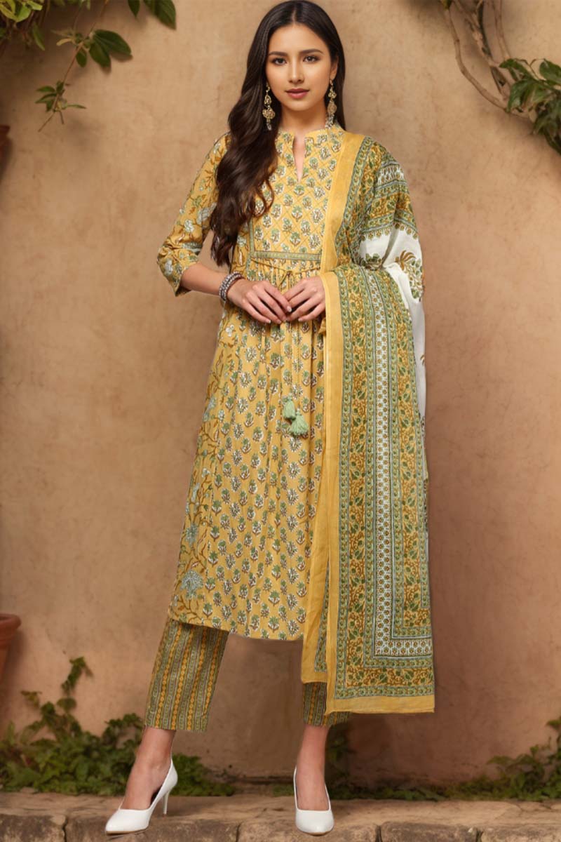 Yellow Pure Cotton Printed Flared Suit Set | SHOBITAM