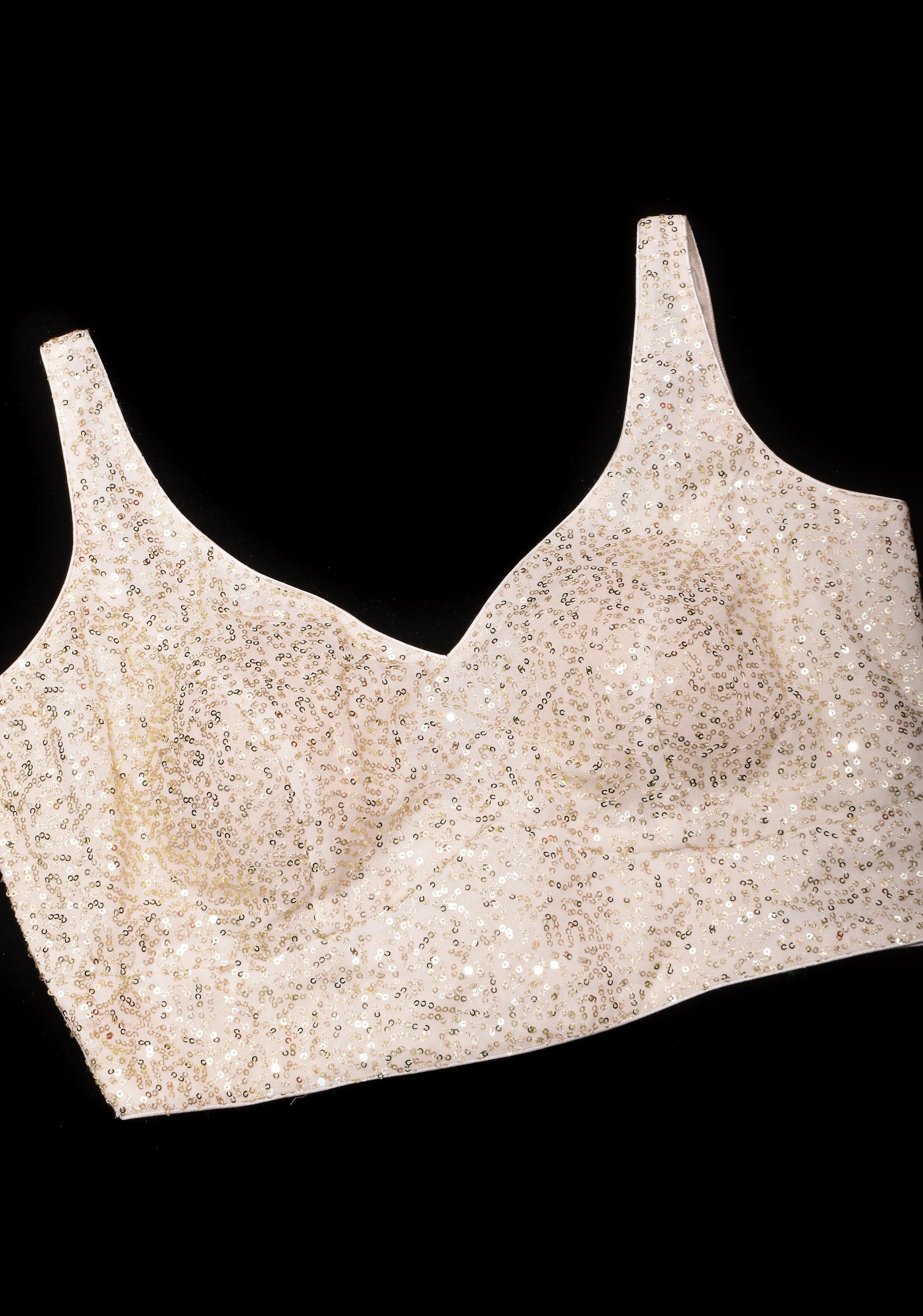 Dainty sequin on net sleeveless blouse with deep leaf neck, Made to Order | Shobitam