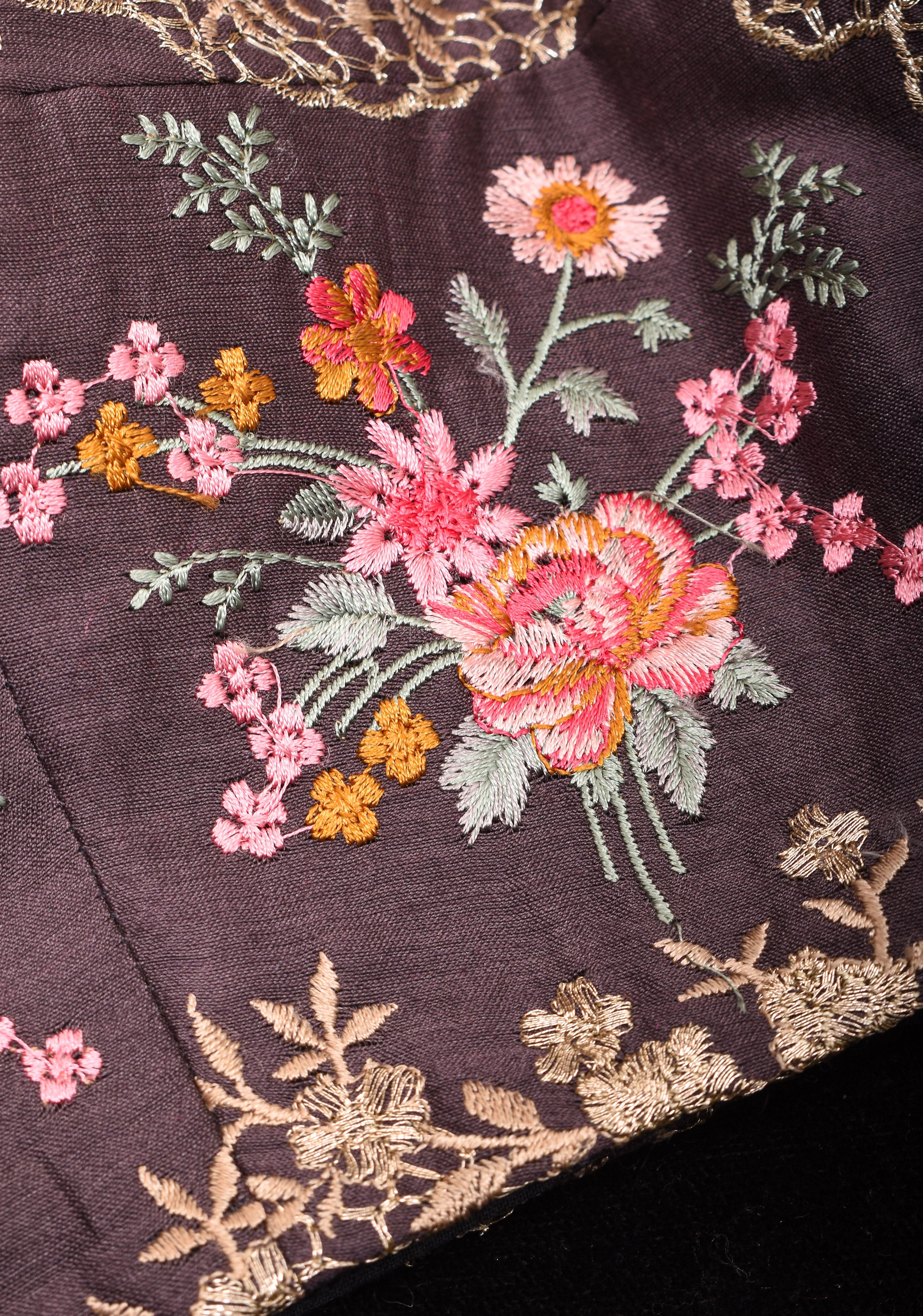 Gray Geecha Raw Silk blouse with floral embroidery and Bandgala pattern | Shobitam