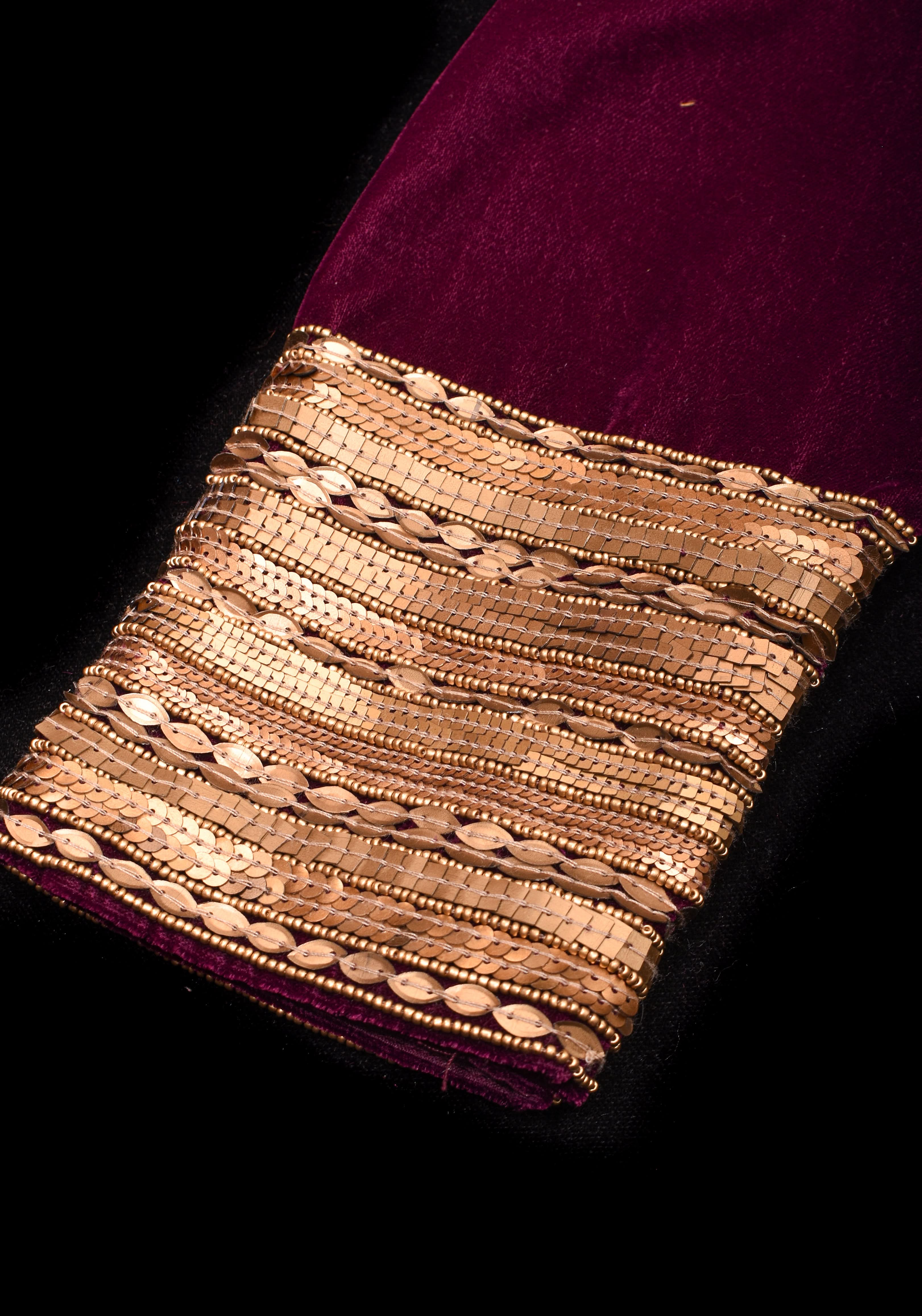 Burgundy Velvet Blouse with 3/4 sleeves and Matt Antique Sequins detailing | Shobitam