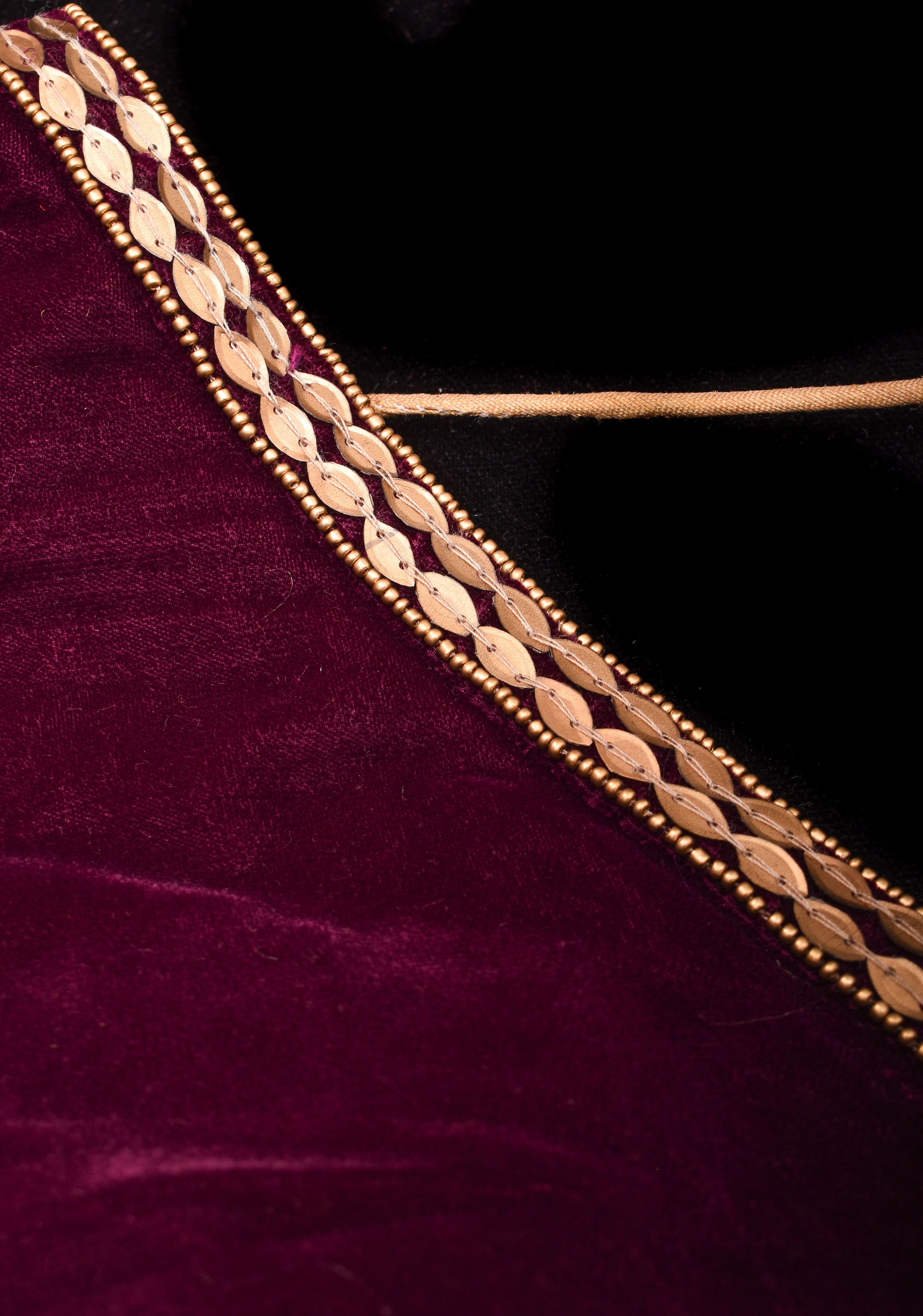 Burgundy Velvet Blouse with 3/4 sleeves and Matt Antique Sequins detailing | Shobitam