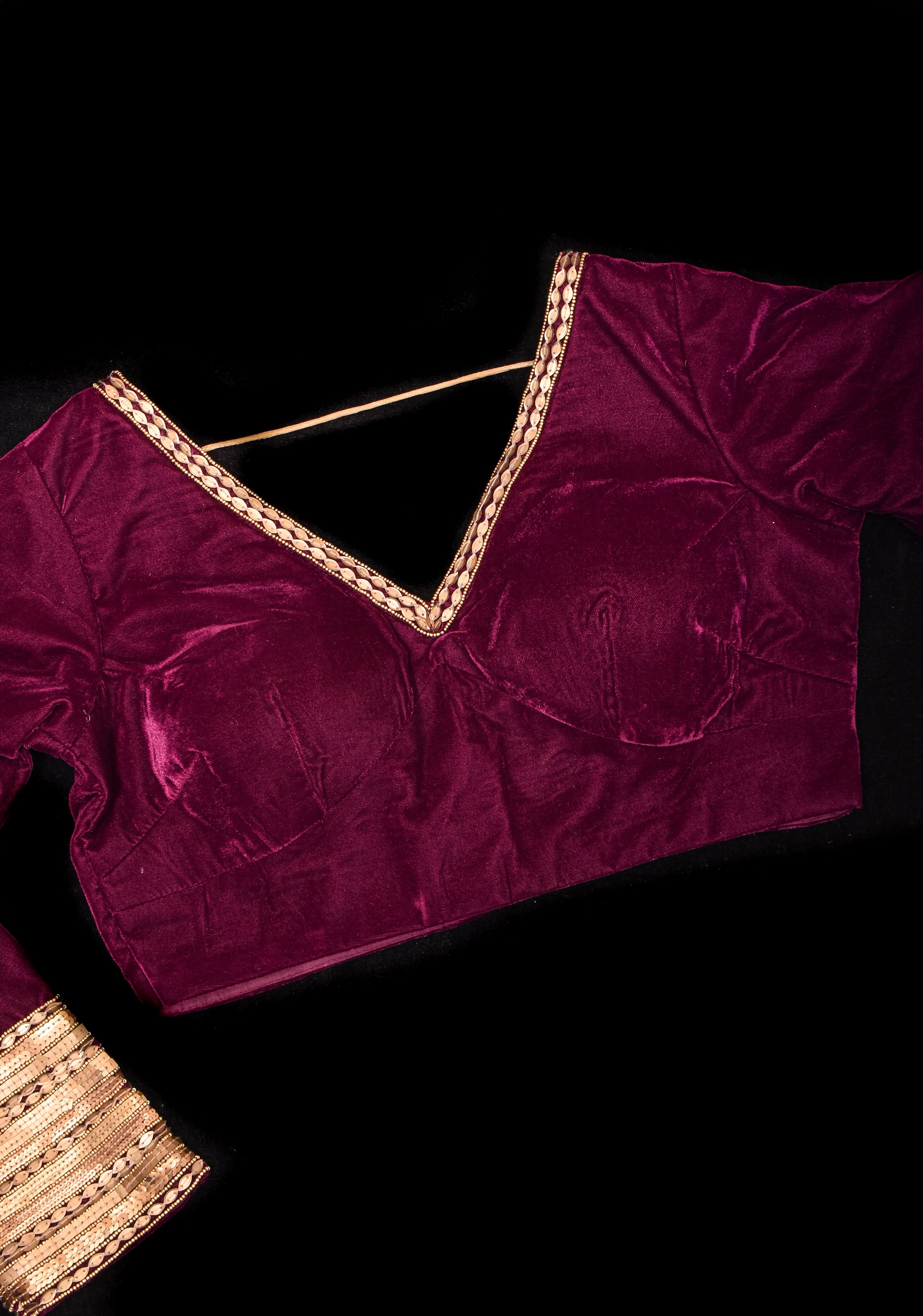 Burgundy Velvet Blouse with 3/4 sleeves and Matt Antique Sequins detailing | Shobitam