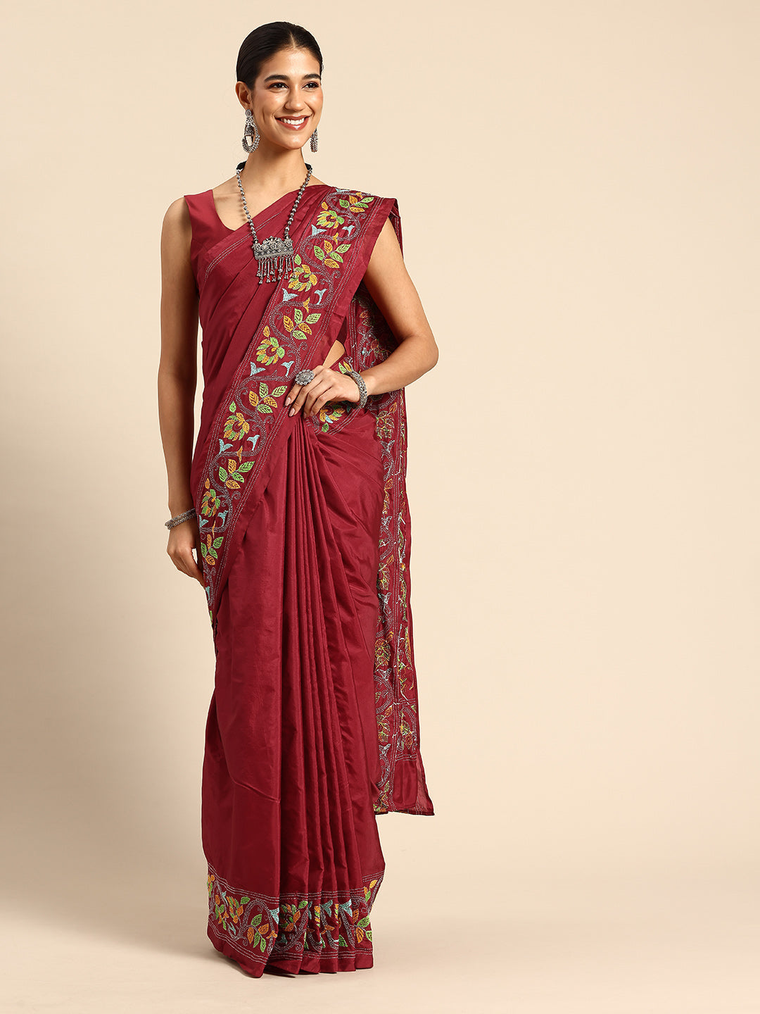 Red Bird Design Artsilk Kantha Saree with Blouse piece | SHOBITAM