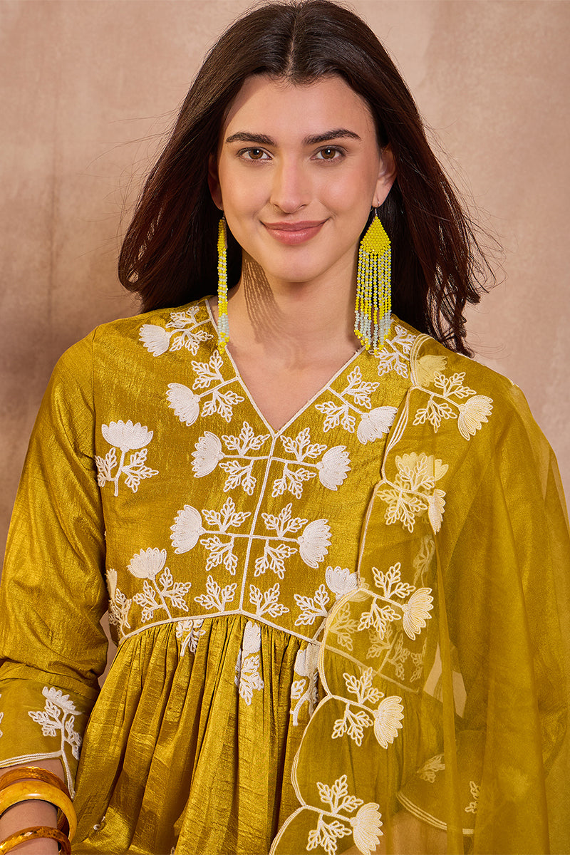 Mustard Silk Blend Solid Embroidered A-Line Kurta Trouser With Dupatta | Shobitam