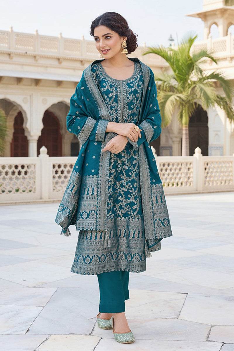 Teal Blue Poly Chanderi Solid Woven Design Straight Trouser Suit Set | SHOBITAM