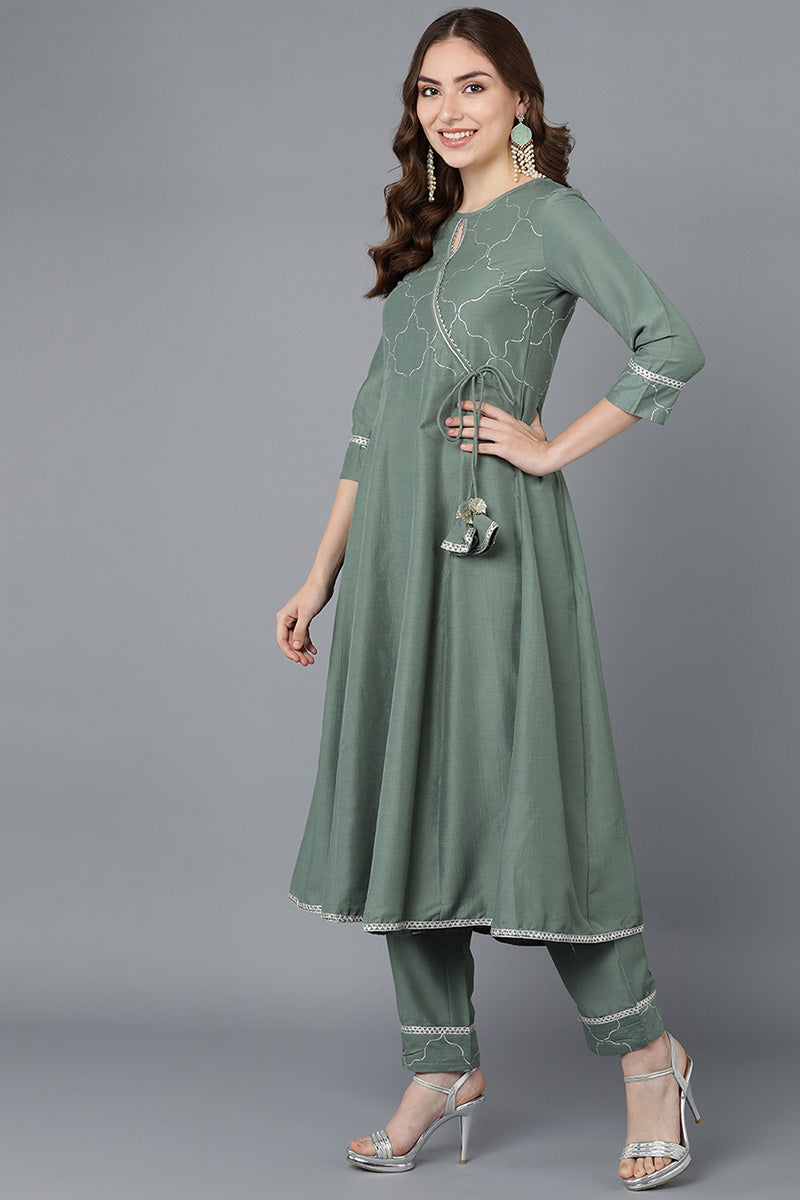 Teal Poly Silk Embroidered Kurta Trousers With Dupatta | SHOBITAM