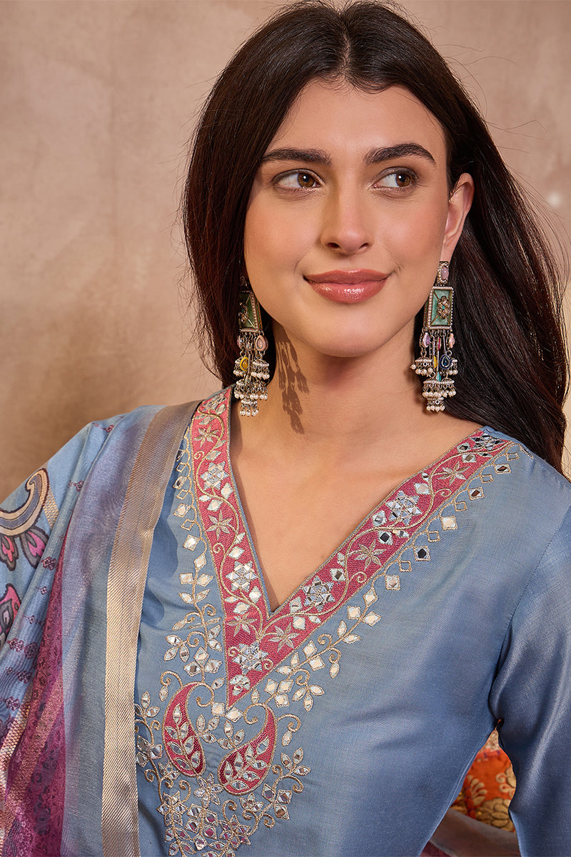Blue Rayon Blend Solid Embroidered Straight Kurta Trouser With Dupatta | SHOBITAM