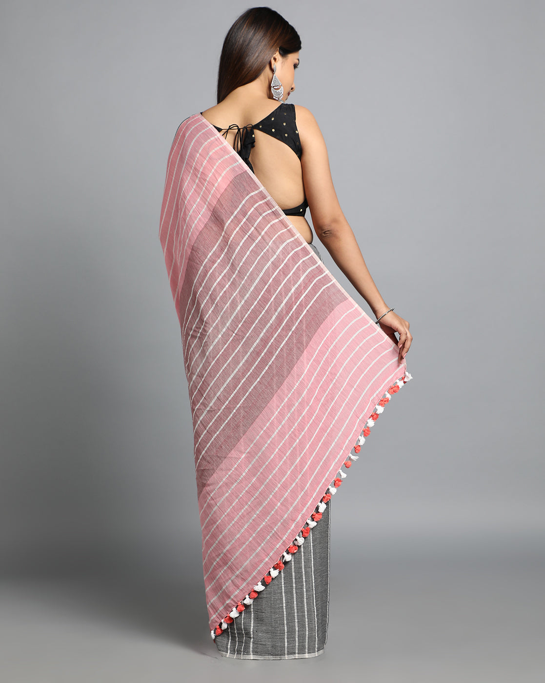Handwoven Cotton Saree with pompoms | Shobitam