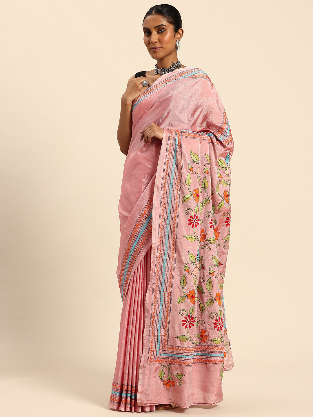 Light Pink Art Silk Kantha Stitch Saree With Blouse Piece | SHOBITAM