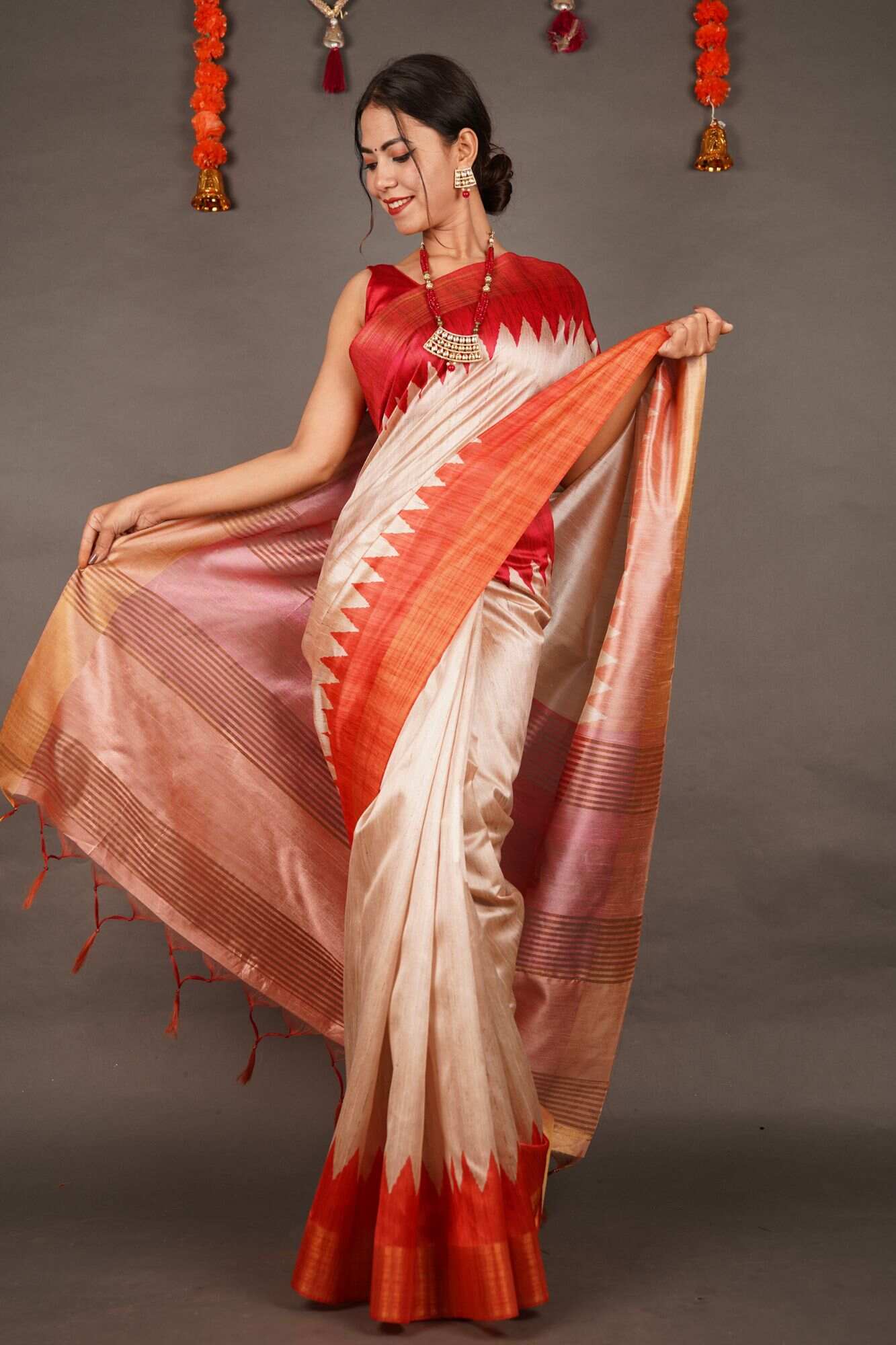 Ready To Wear Beige & Red Temple Border Tussar Wrap in 1 minute saree With Readymade Blouse - Isadora Life Online Shopping Store