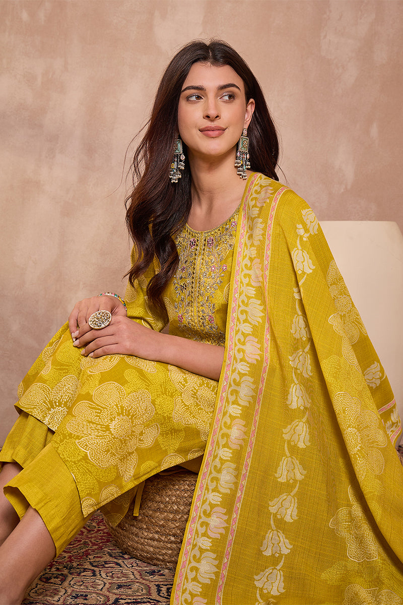 Yellow Poly Silk Floral Printed Straight Kurta Trouser With Dupatta | SHOBITAM