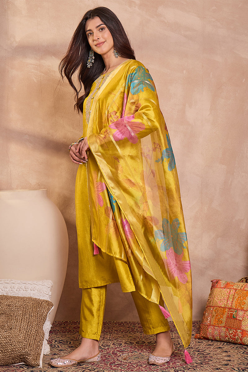 Yellow Silk Blend Solid Embroidered Straight Kurta Trouser With Dupatta | SHOBITAM
