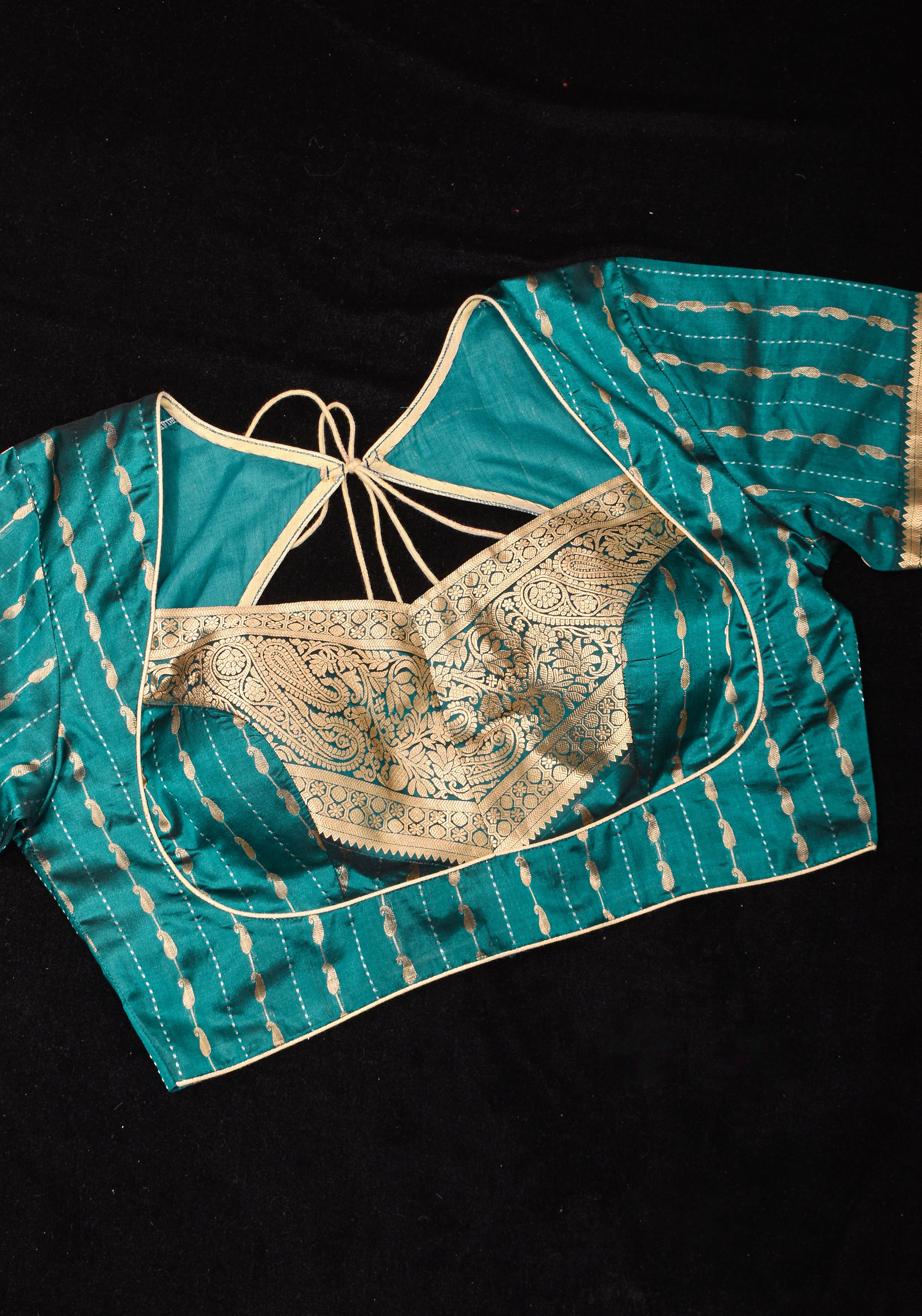 Peacock Blue Banarasi buti blouse with zari yoke detailing, made to order | Shobitam