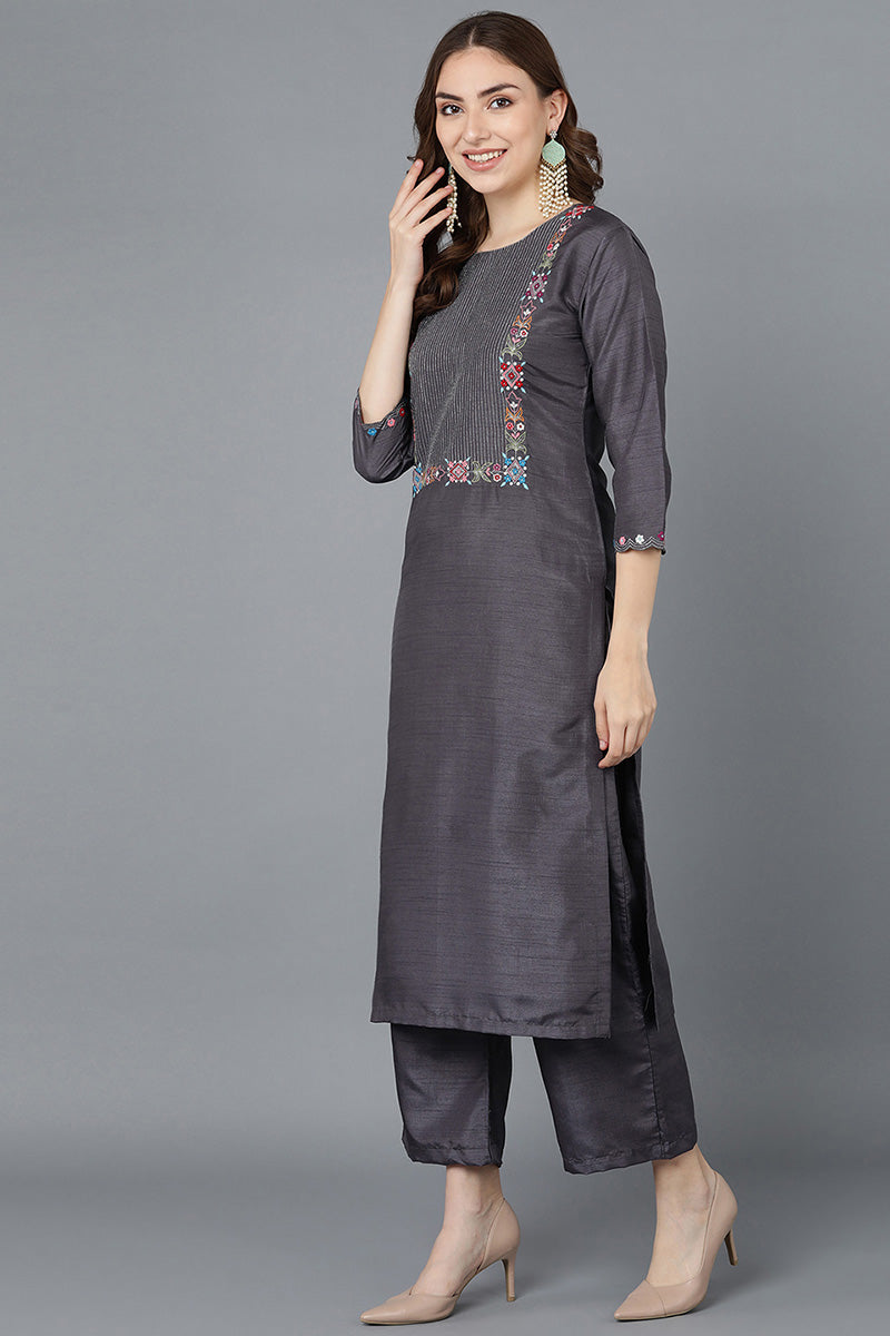 Women Charcoal Poly Silk Embroidered Kurta Trousers With Dupatta | SHOBITAM
