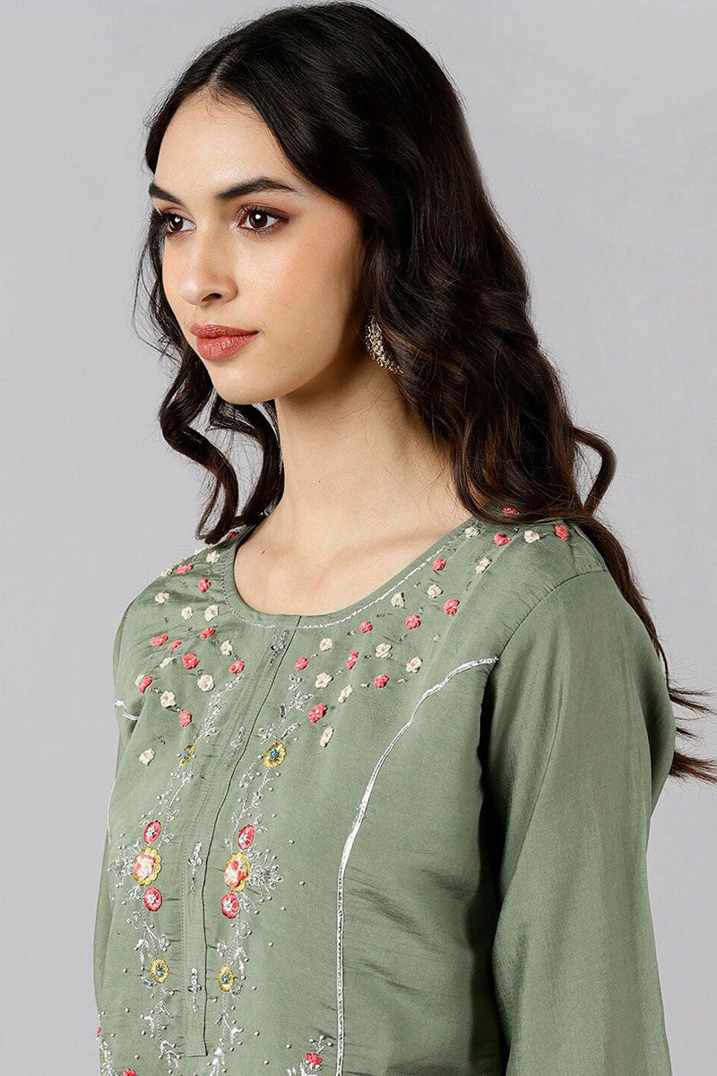 Olive Green Poly Silk Embroidered Straight Suit Set | SHOBITAM