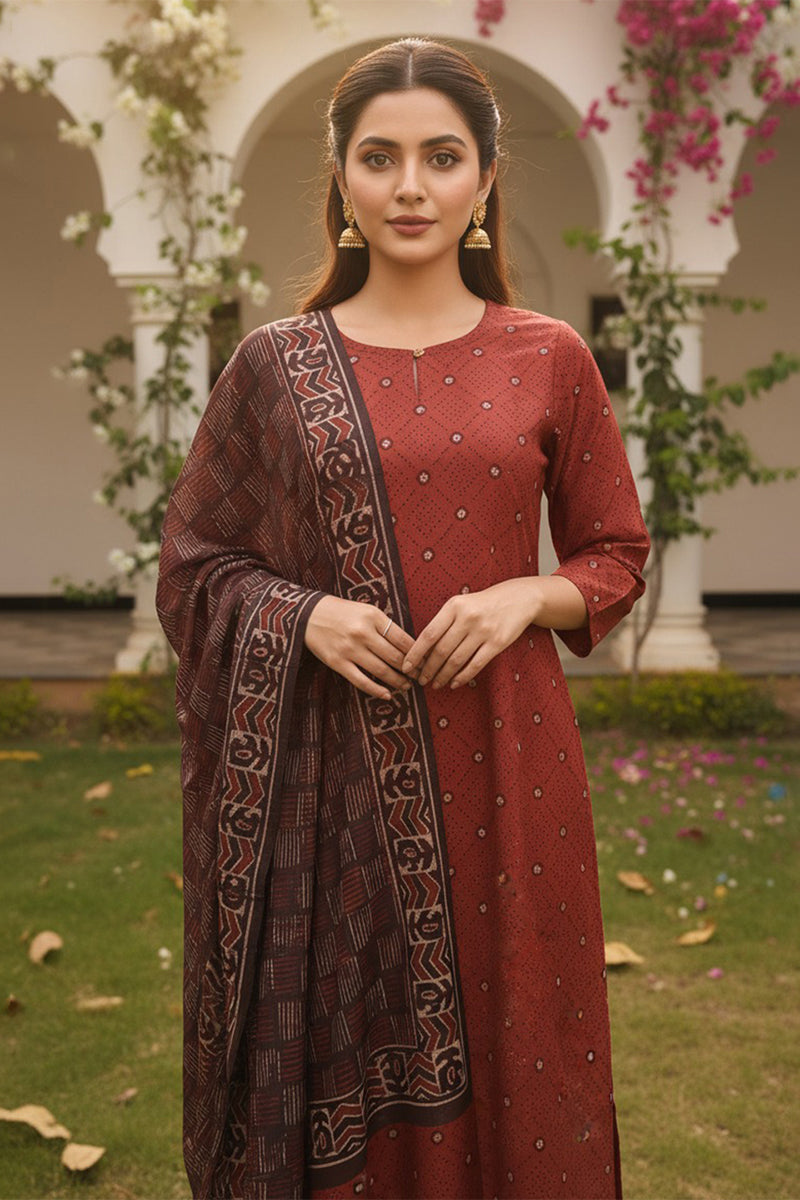 Red Cotton Blend Geometric Printed Straight Kurta Trousers With Dupatta | SHOBITAM