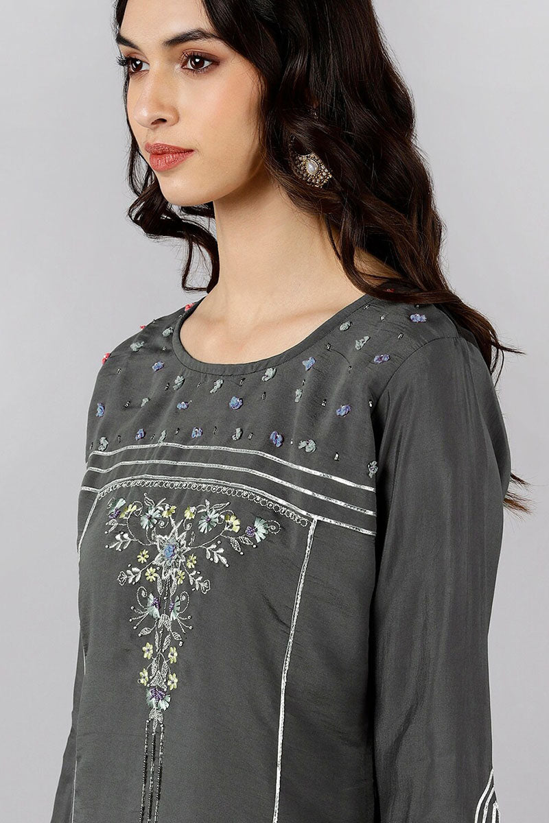 Grey Poly Silk Embroidered Straight Suit Set | SHOBITAM