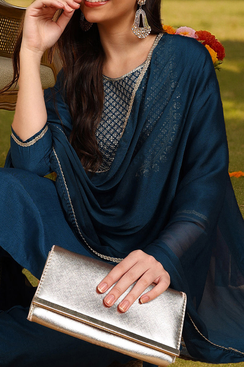 Silk Blend Teal Embroidered Straight Kurta Pant With Dupatta | SHOBITAM