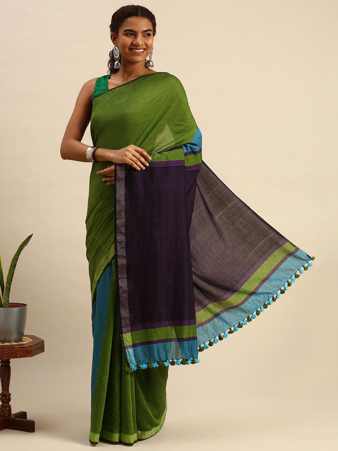 Colour block Cotton Saree with pompoms | Shobitam